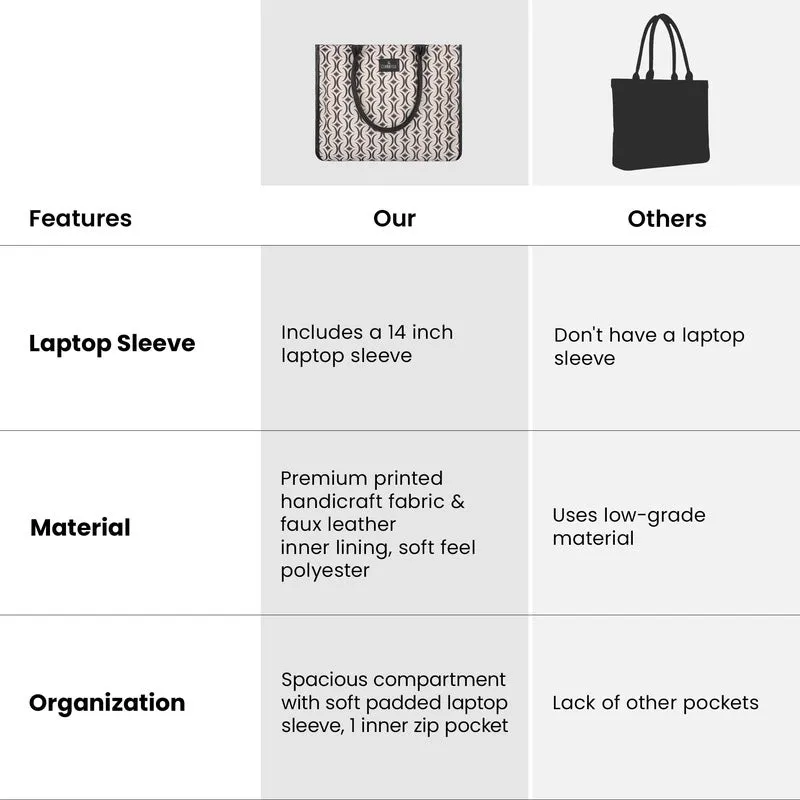 THE CLOWNFISH Opulence Series Multipurpose Handbag For Women Box Bag 14 inch Laptop Bag Tote Printed Handicraft Fabric & Faux Leather Bag (Black-Bracket Design)