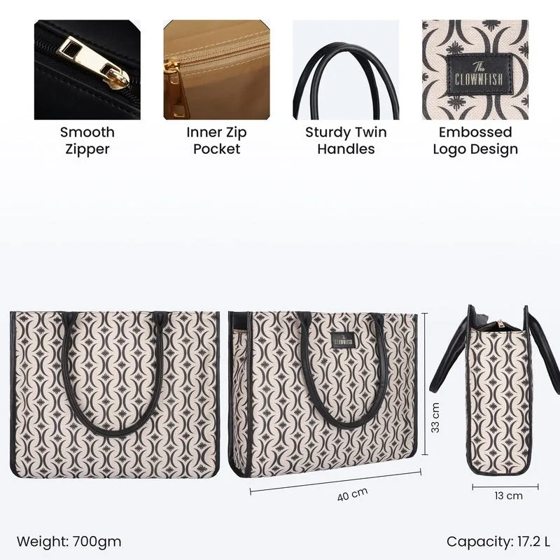THE CLOWNFISH Opulence Series Multipurpose Handbag For Women Box Bag 14 inch Laptop Bag Tote Printed Handicraft Fabric & Faux Leather Bag (Black-Bracket Design)