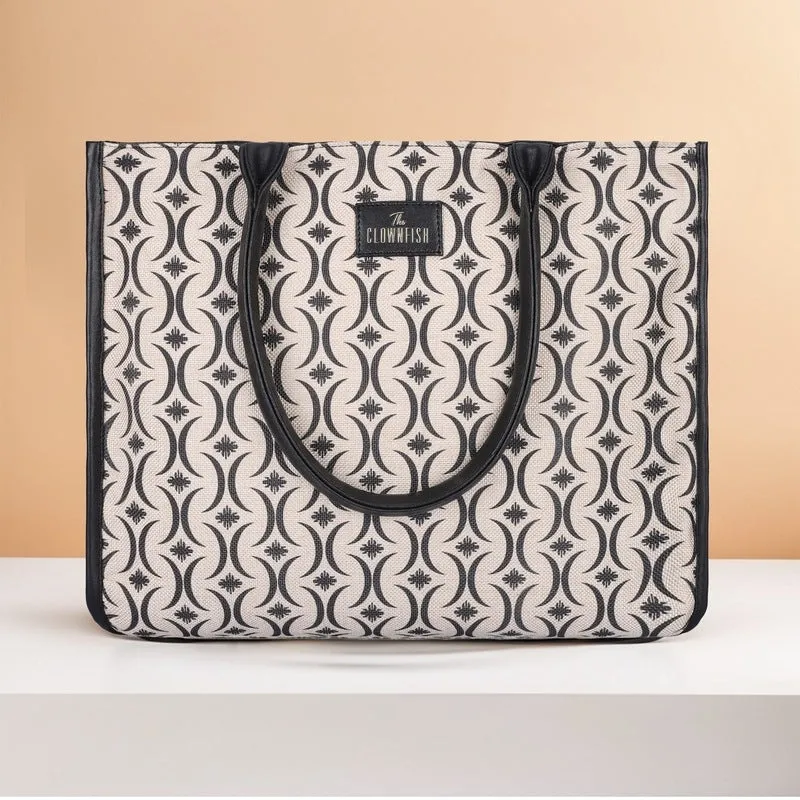 THE CLOWNFISH Opulence Series Multipurpose Handbag For Women Box Bag 14 inch Laptop Bag Tote Printed Handicraft Fabric & Faux Leather Bag (Black-Bracket Design)