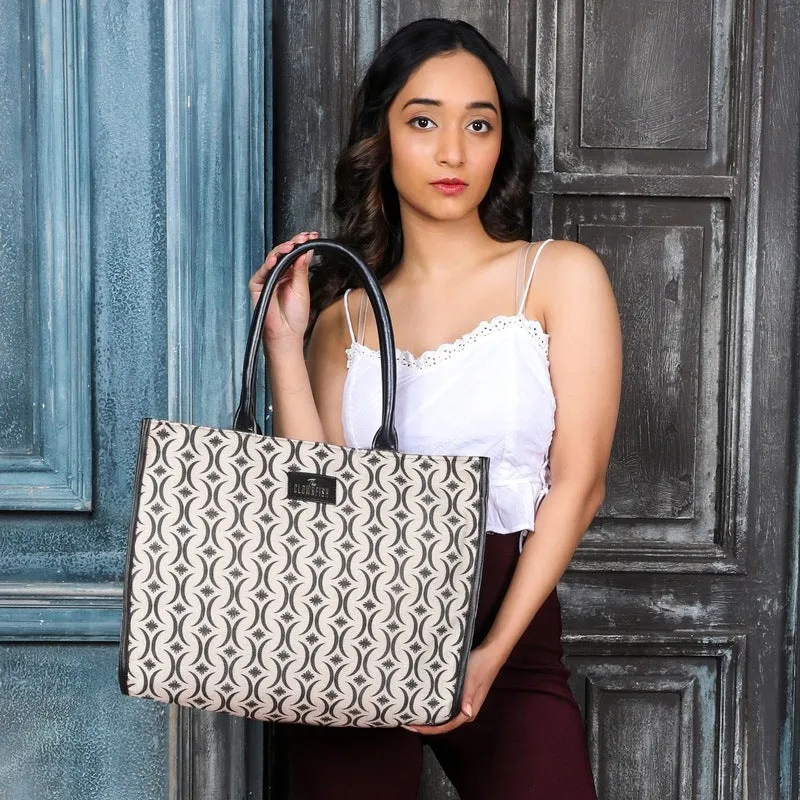 THE CLOWNFISH Opulence Series Multipurpose Handbag For Women Box Bag 14 inch Laptop Bag Tote Printed Handicraft Fabric & Faux Leather Bag (Black-Bracket Design)