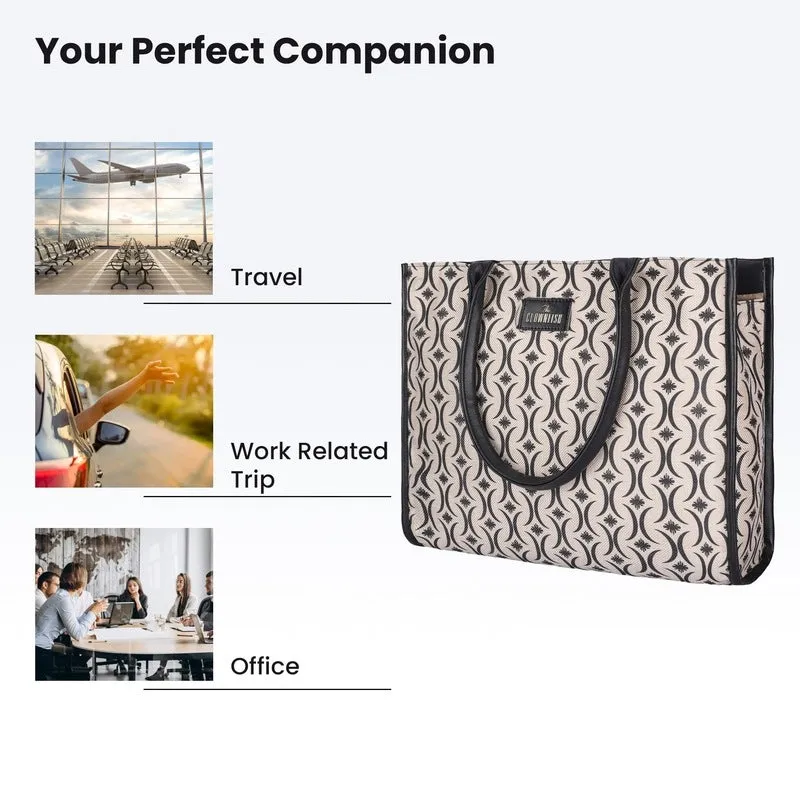 THE CLOWNFISH Opulence Series Multipurpose Handbag For Women Box Bag 14 inch Laptop Bag Tote Printed Handicraft Fabric & Faux Leather Bag (Black-Bracket Design)