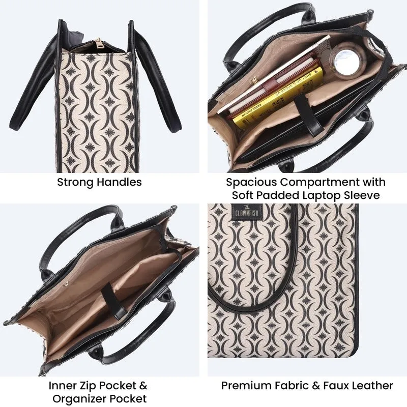 THE CLOWNFISH Opulence Series Multipurpose Handbag For Women Box Bag 14 inch Laptop Bag Tote Printed Handicraft Fabric & Faux Leather Bag (Black-Bracket Design)