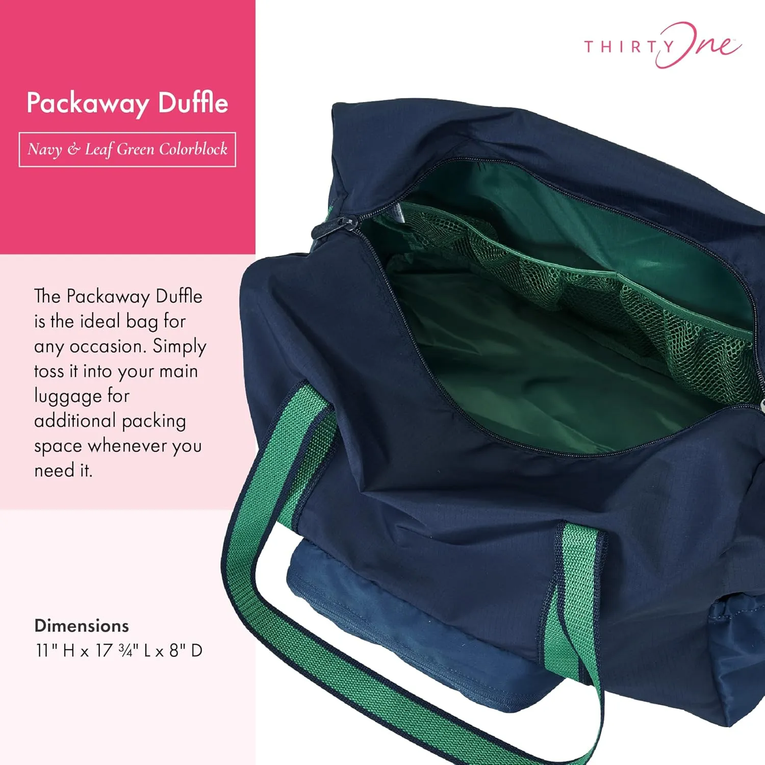 THIRTY-ONE Gifts Packaway Duffle Bag, Foldable Travel Bag for Gym Essentials and Weekend or Overnight Trips
