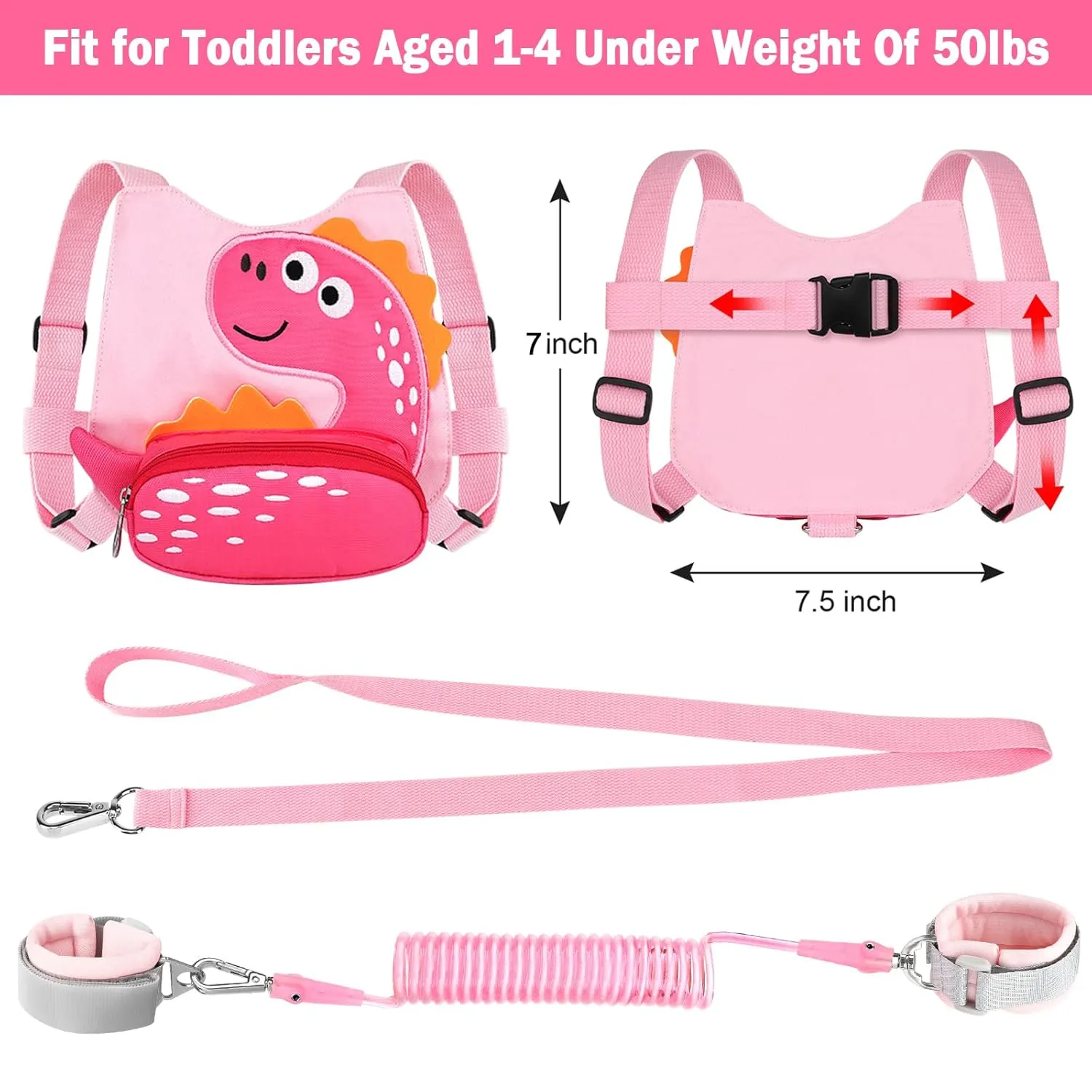 Toddler Leash Harness   Anti Lost Wrist Link, Accmor Cute Dinosaur Kids Harnesses with Leashes,3 in 1 Baby Walking Wristband Child Outdoor Anti-lsot Tether Rope Reins for Chidren Girls (Pink)