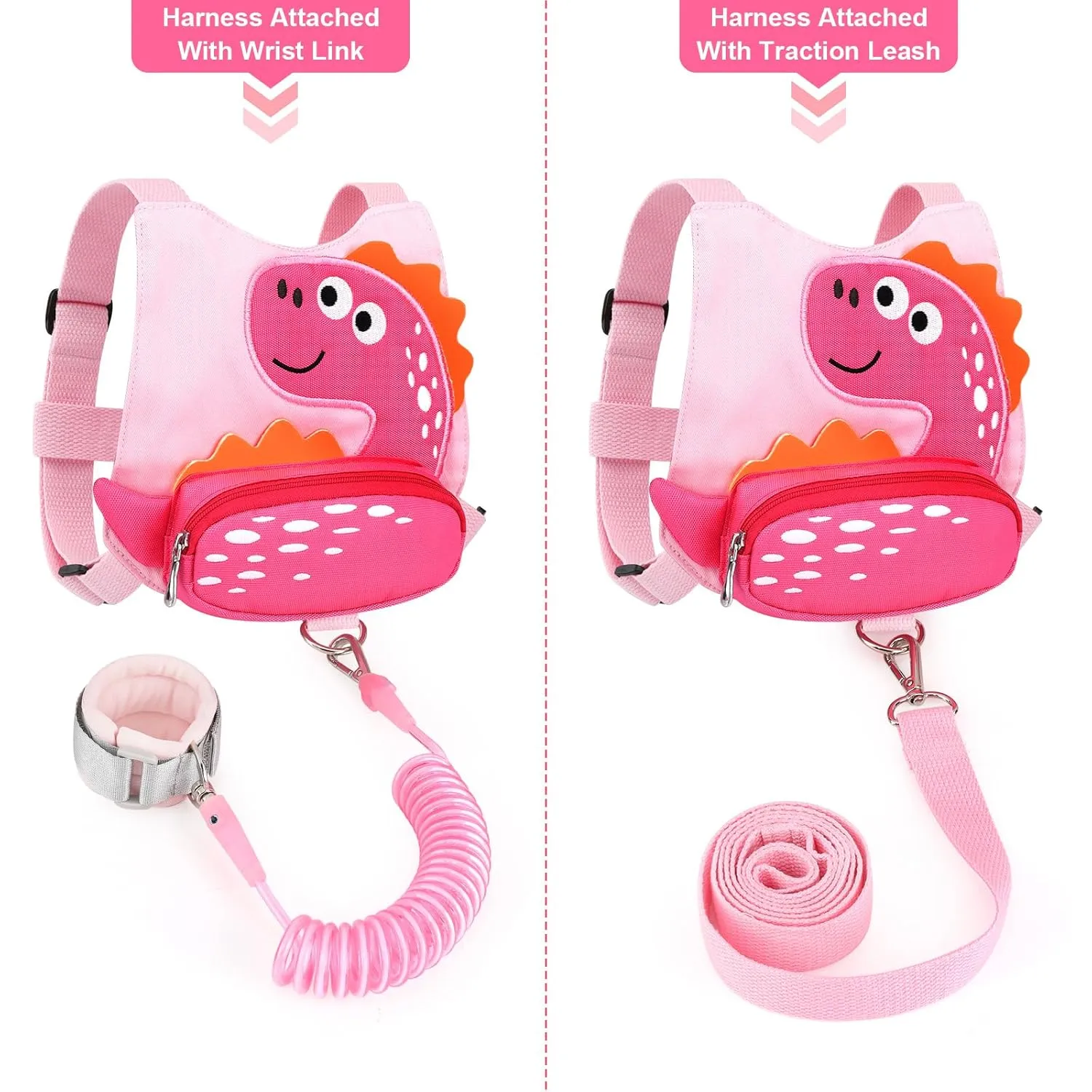Toddler Leash Harness   Anti Lost Wrist Link, Accmor Cute Dinosaur Kids Harnesses with Leashes,3 in 1 Baby Walking Wristband Child Outdoor Anti-lsot Tether Rope Reins for Chidren Girls (Pink)