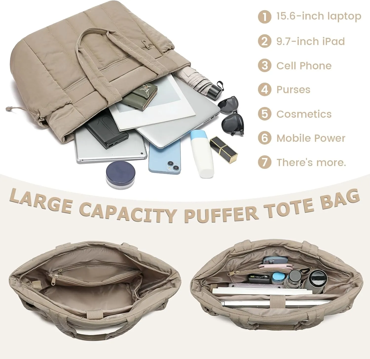 Tote Bag for Women, Lightweight Puffer Tote Bag with Compartments, Quilted Shoulder Bag Handbag with Zipper for Work