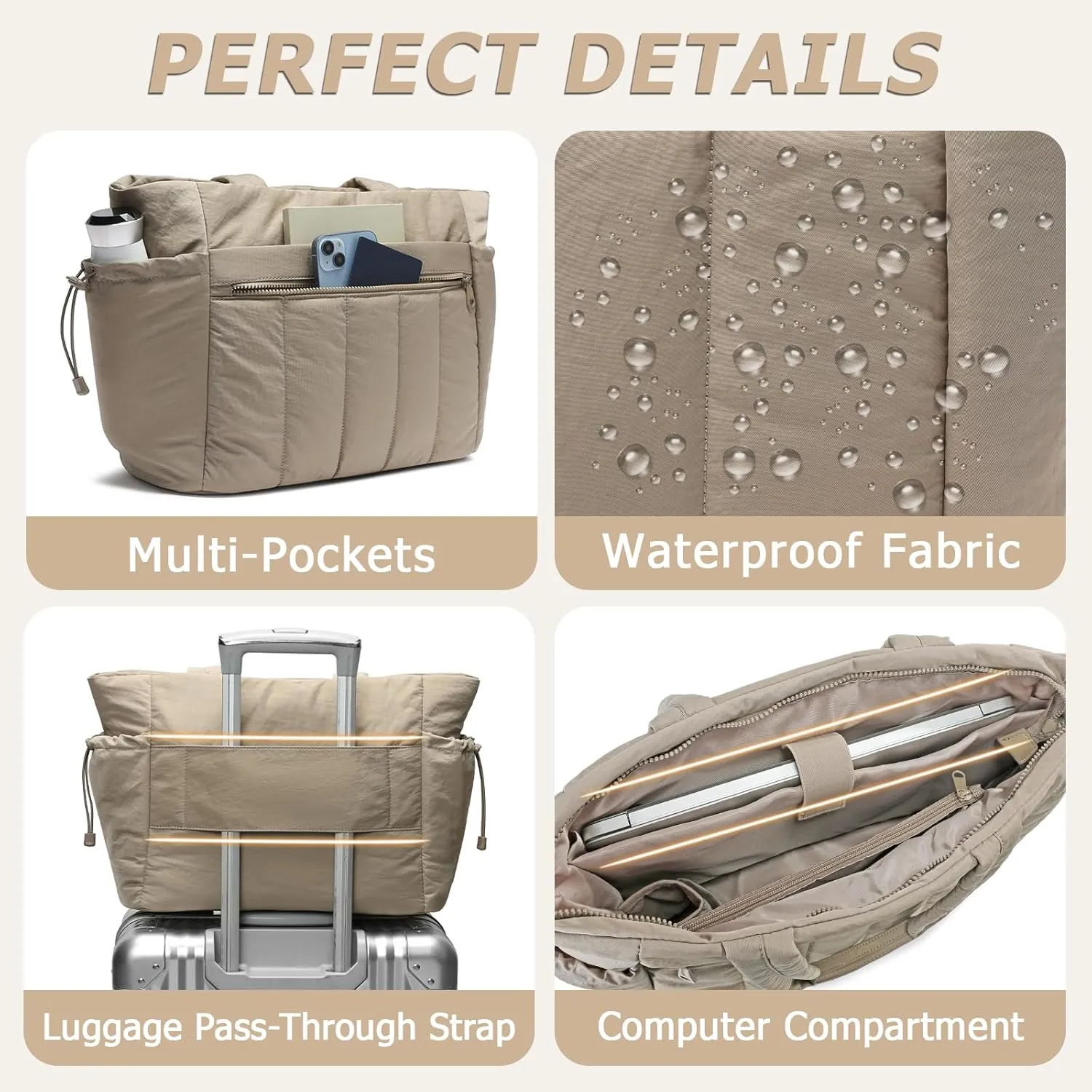 Tote Bag for Women, Lightweight Puffer Tote Bag with Compartments, Quilted Shoulder Bag Handbag with Zipper for Work