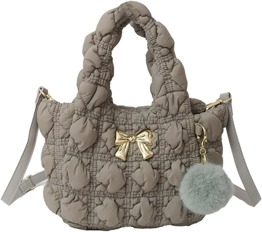 Tote Bag for Women Quilted Puffer Shoulder Bag Nylon Adjustable Strap Handbag with Fluffy Ball Top Handle Purse Trav