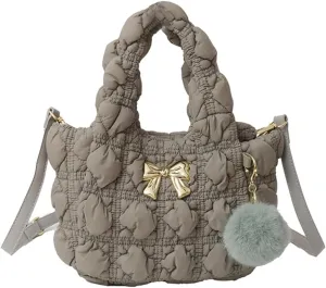 Tote Bag for Women Quilted Puffer Shoulder Bag Nylon Adjustable Strap Handbag with Fluffy Ball Top Handle Purse Trav