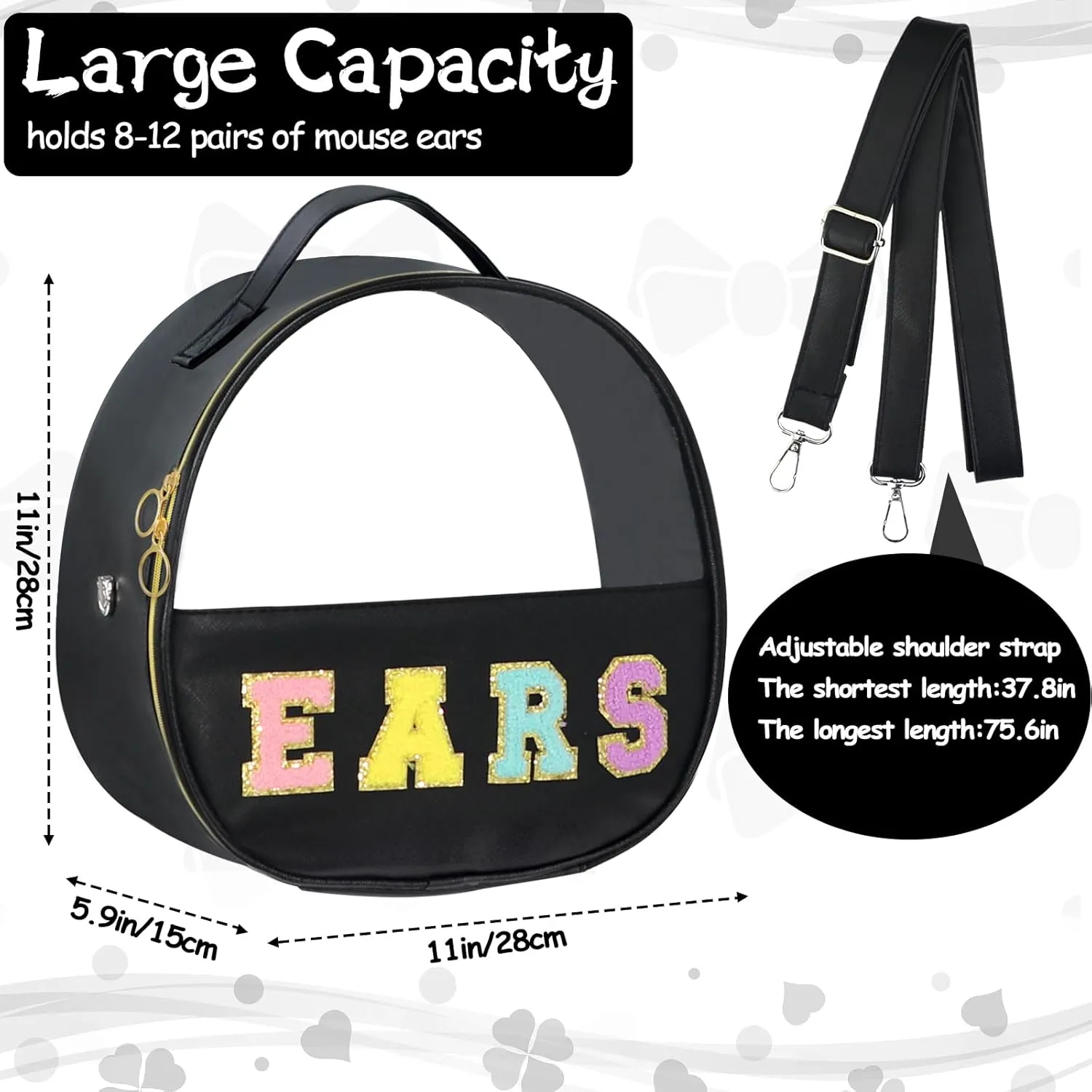 Translucent Mouse Ears Travel Case, Chenille Letter Headband Ears Holder Waterproof Hair Accessories Organizer Storage for Women Adults Gift Large Thicken Makeup Snack Bag for Park Travel (Black)