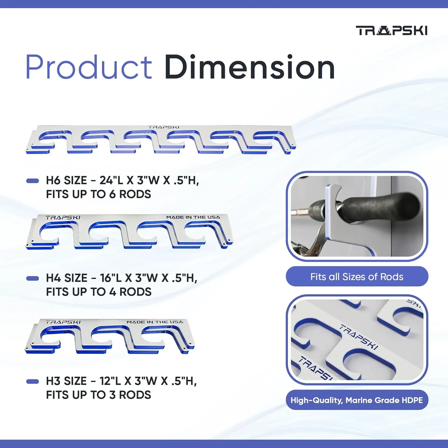 TRAPSKI Made in The USA Fishing Rod/Pole Holder Rack Organizers | Wall or Boat Mounting Fishing Rod Rack | Marine Grade HDPE Plastic | Pole Holder for up to 3 Rods | Stackable