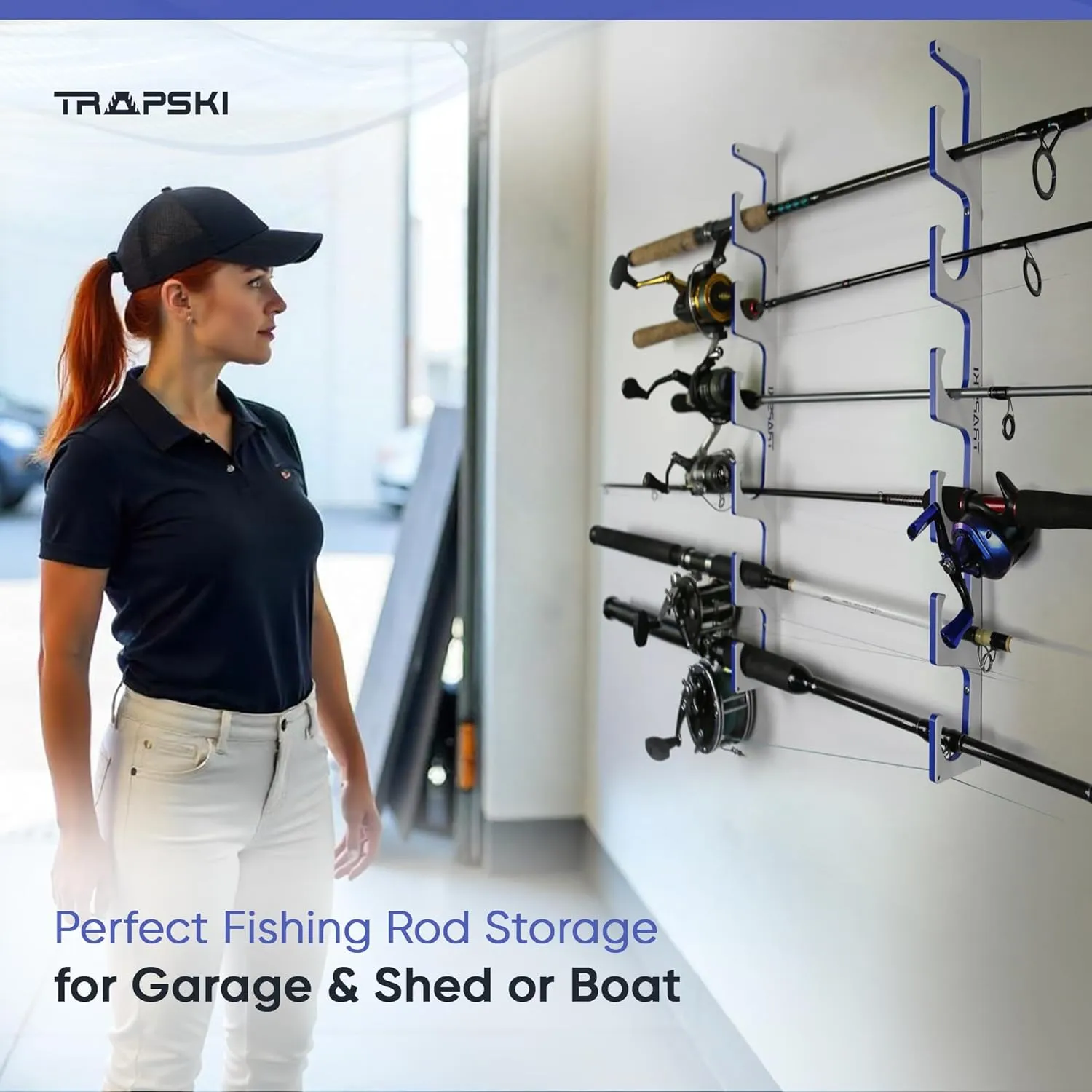 TRAPSKI Made in The USA Fishing Rod/Pole Holder Rack Organizers | Wall or Boat Mounting Fishing Rod Rack | Marine Grade HDPE Plastic | Pole Holder for up to 3 Rods | Stackable