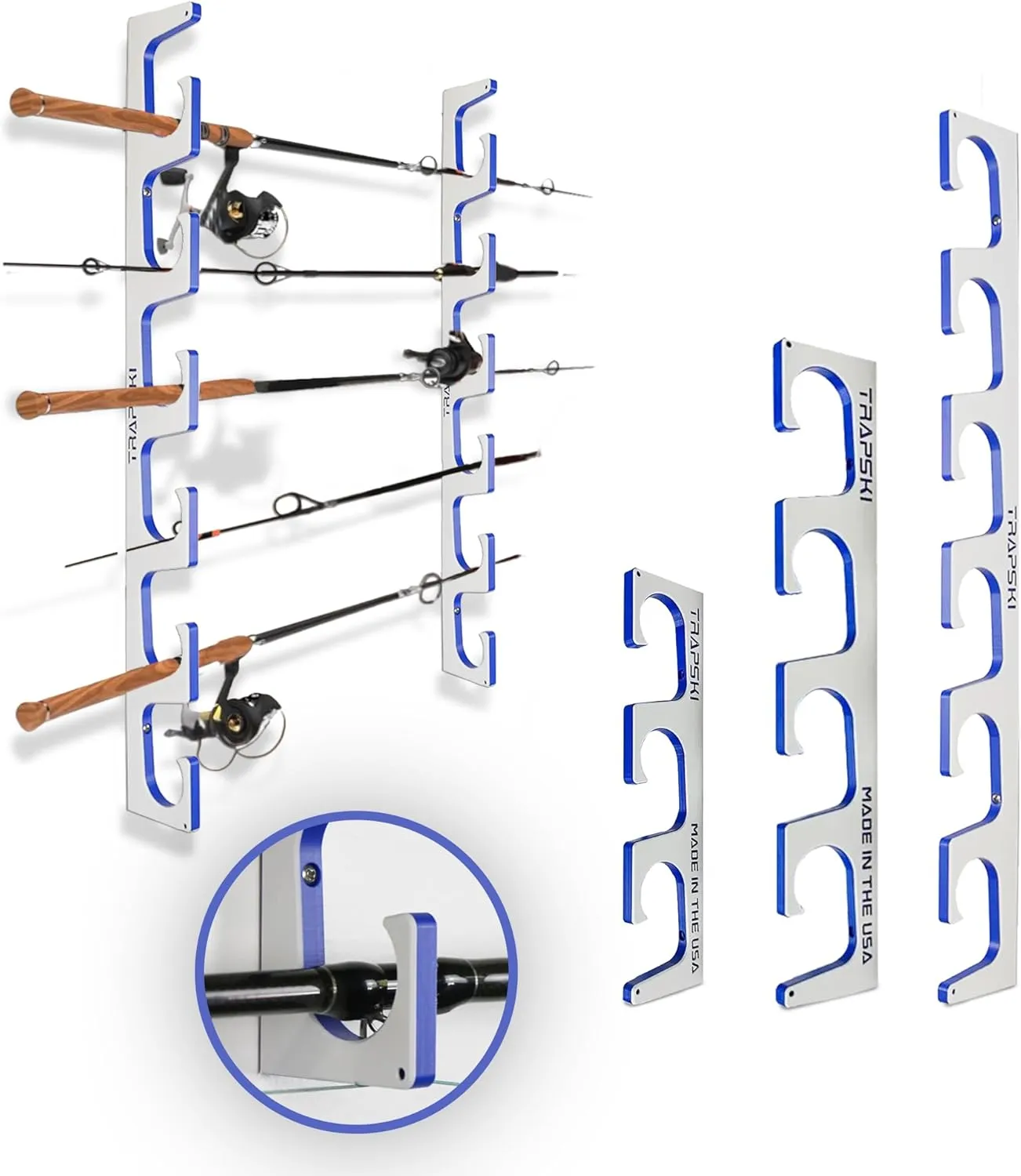 TRAPSKI Made in The USA Fishing Rod/Pole Holder Rack Organizers | Wall or Boat Mounting Fishing Rod Rack | Marine Grade HDPE Plastic | Pole Holder for up to 3 Rods | Stackable