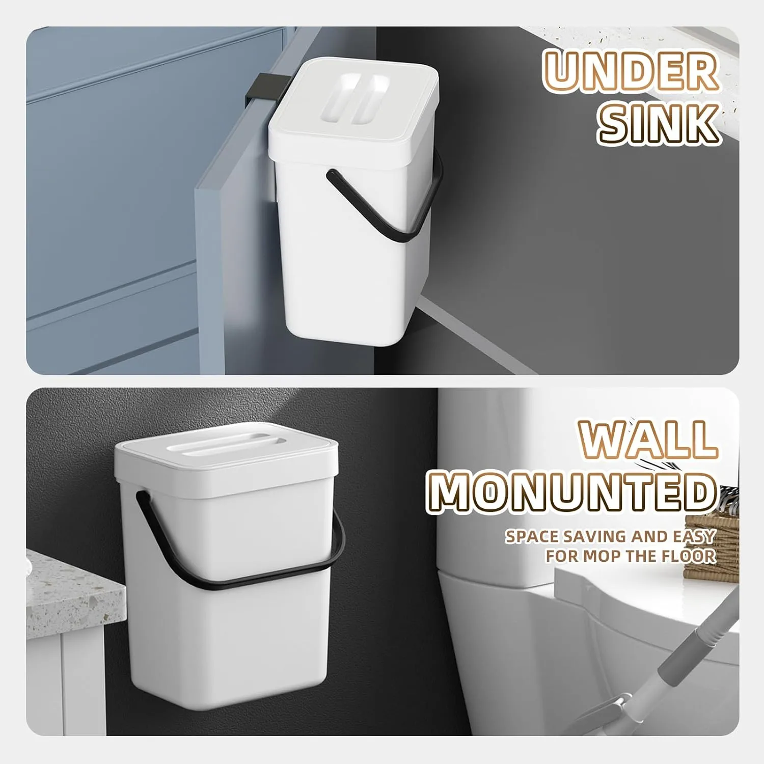 Trash Can with Lid - Kitchen/Bathroom/Bedroom Garbage Bin | Space-Saving Slim Design for Small Spaces | Anti-Splash Edge & Commercial-Grade PP 3-Piece Adjustable Trash Bin Set