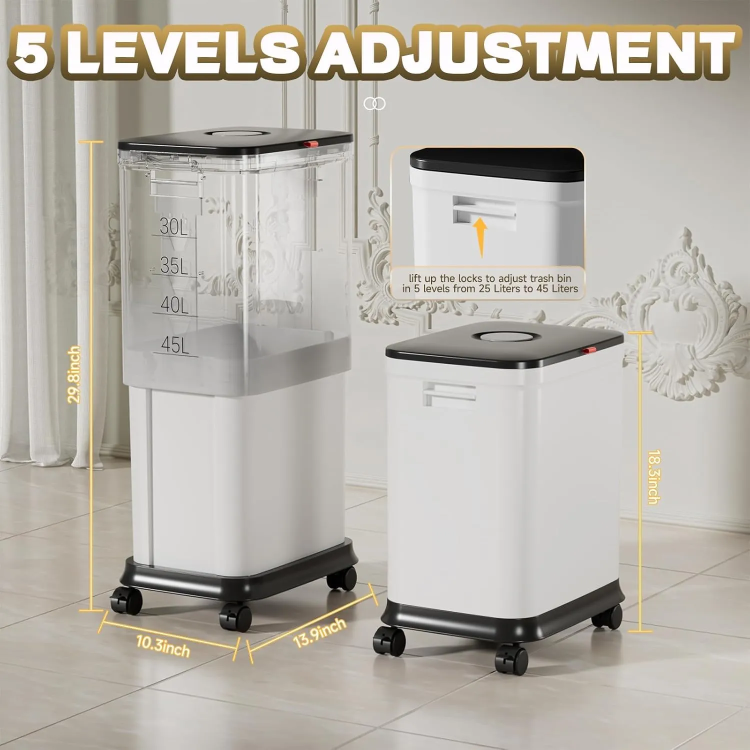 Trash Can with Lid - Kitchen/Bathroom/Bedroom Garbage Bin | Space-Saving Slim Design for Small Spaces | Anti-Splash Edge & Commercial-Grade PP 3-Piece Adjustable Trash Bin Set