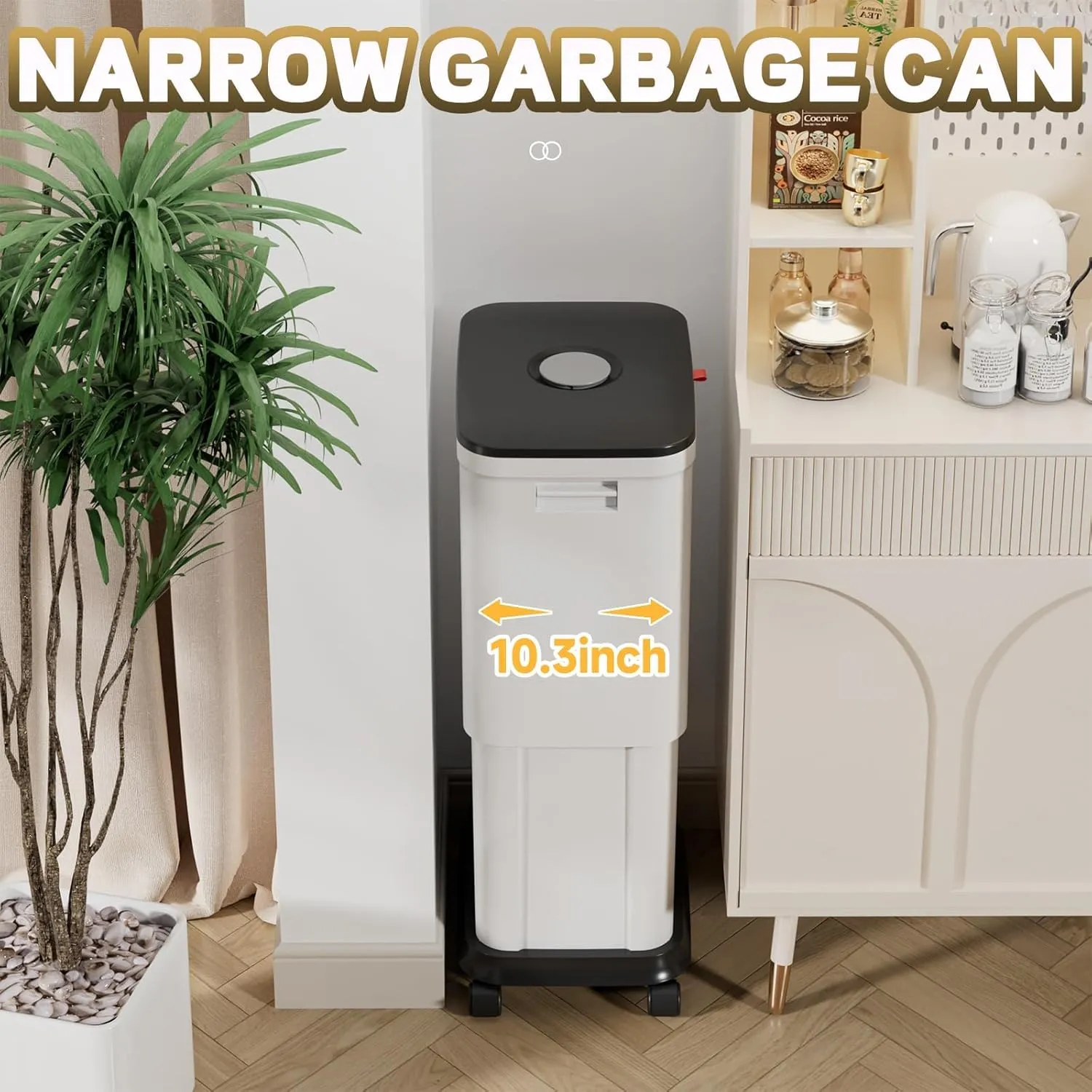 Trash Can with Lid - Kitchen/Bathroom/Bedroom Garbage Bin | Space-Saving Slim Design for Small Spaces | Anti-Splash Edge & Commercial-Grade PP 3-Piece Adjustable Trash Bin Set
