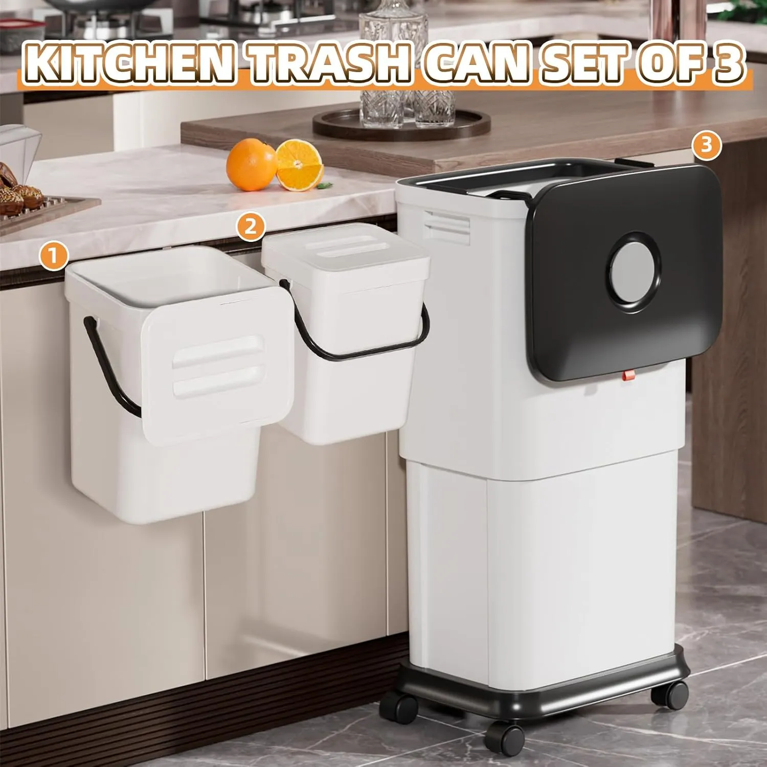 Trash Can with Lid - Kitchen/Bathroom/Bedroom Garbage Bin | Space-Saving Slim Design for Small Spaces | Anti-Splash Edge & Commercial-Grade PP 3-Piece Adjustable Trash Bin Set