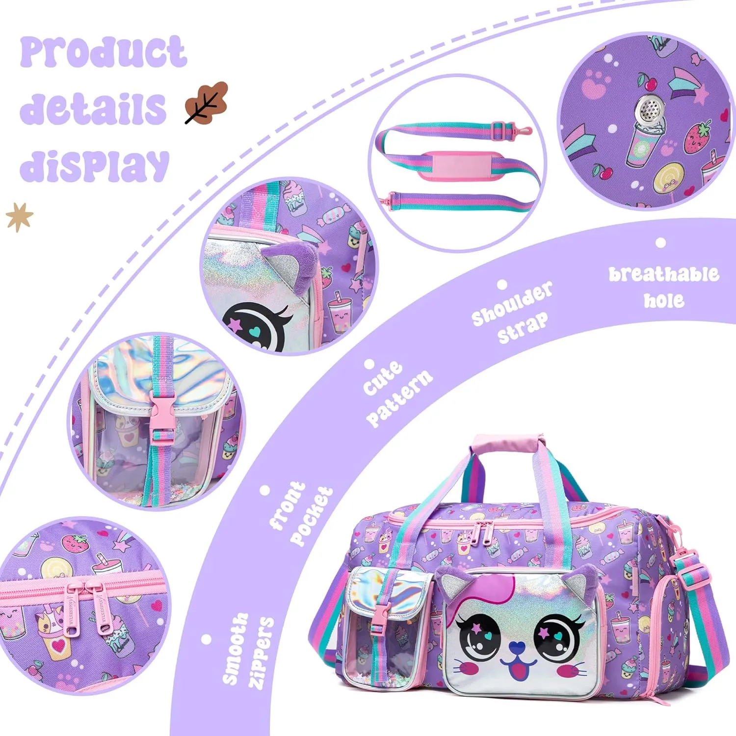 Travel Bag for Kids,Girls Cat Duffle Bag Sleepover Bag for Girls,Gym Bag Sports Duffel Bag,Dance Bag for Girls With Shoe Compartment