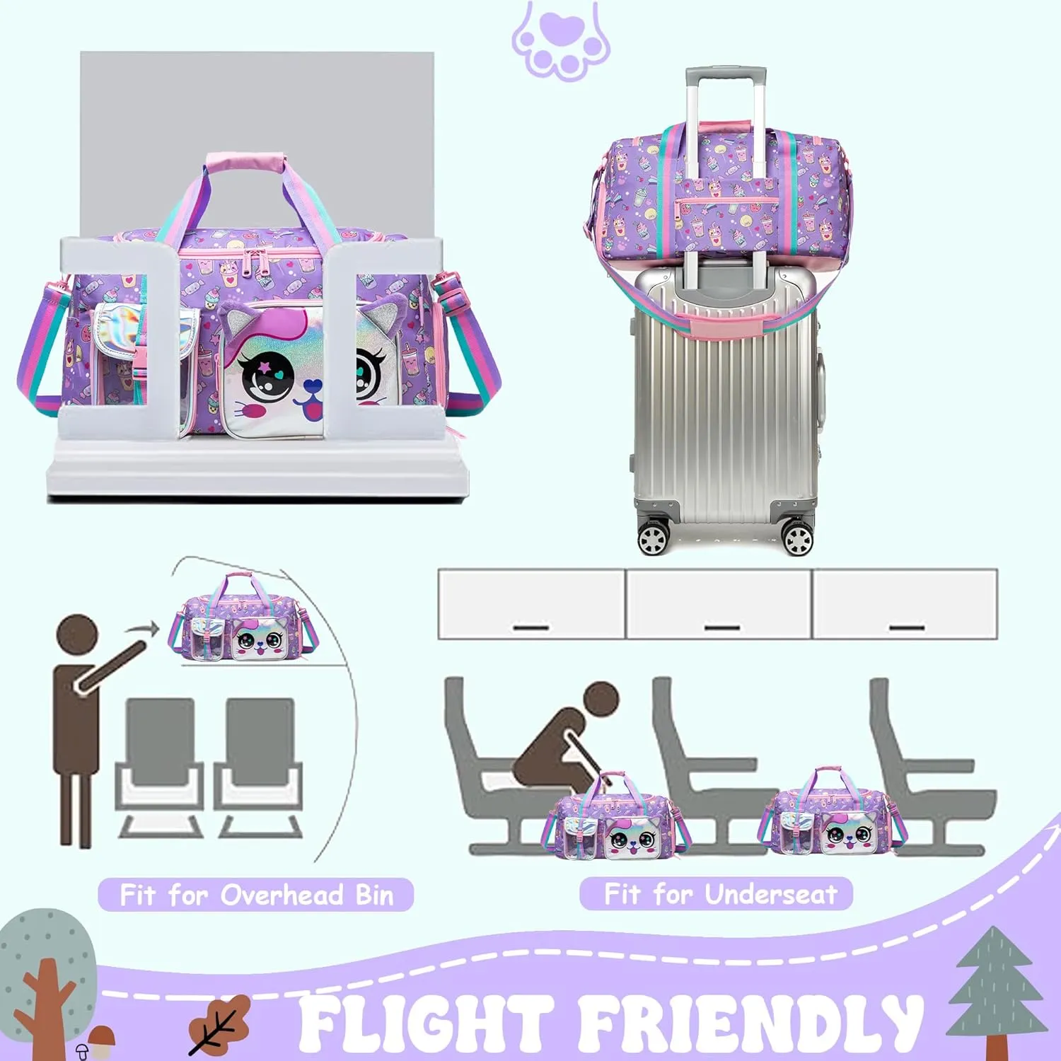 Travel Bag for Kids,Girls Cat Duffle Bag Sleepover Bag for Girls,Gym Bag Sports Duffel Bag,Dance Bag for Girls With Shoe Compartment