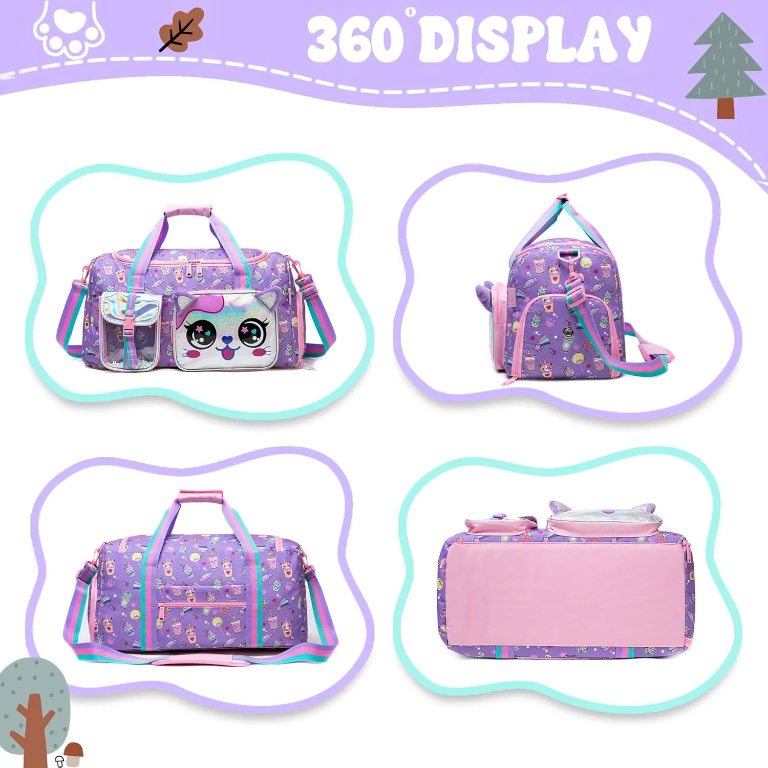 Travel Bag for Kids,Girls Cat Duffle Bag Sleepover Bag for Girls,Gym Bag Sports Duffel Bag,Dance Bag for Girls With Shoe Compartment