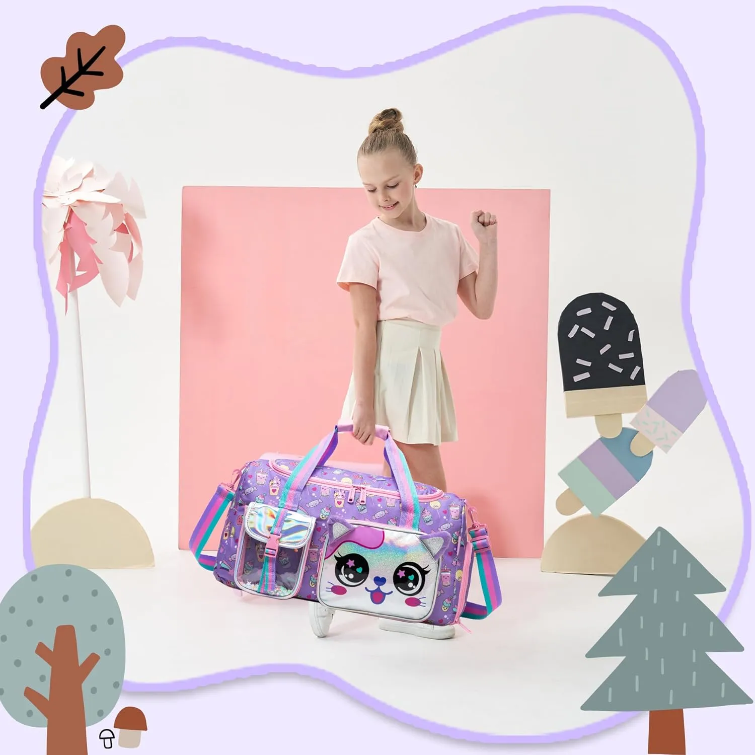 Travel Bag for Kids,Girls Cat Duffle Bag Sleepover Bag for Girls,Gym Bag Sports Duffel Bag,Dance Bag for Girls With Shoe Compartment