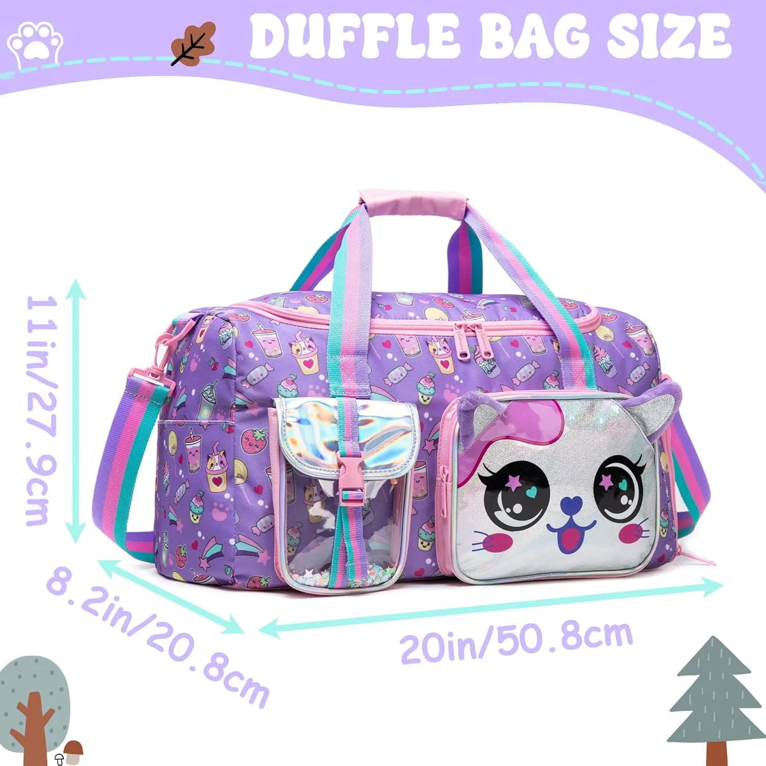 Travel Bag for Kids,Girls Cat Duffle Bag Sleepover Bag for Girls,Gym Bag Sports Duffel Bag,Dance Bag for Girls With Shoe Compartment