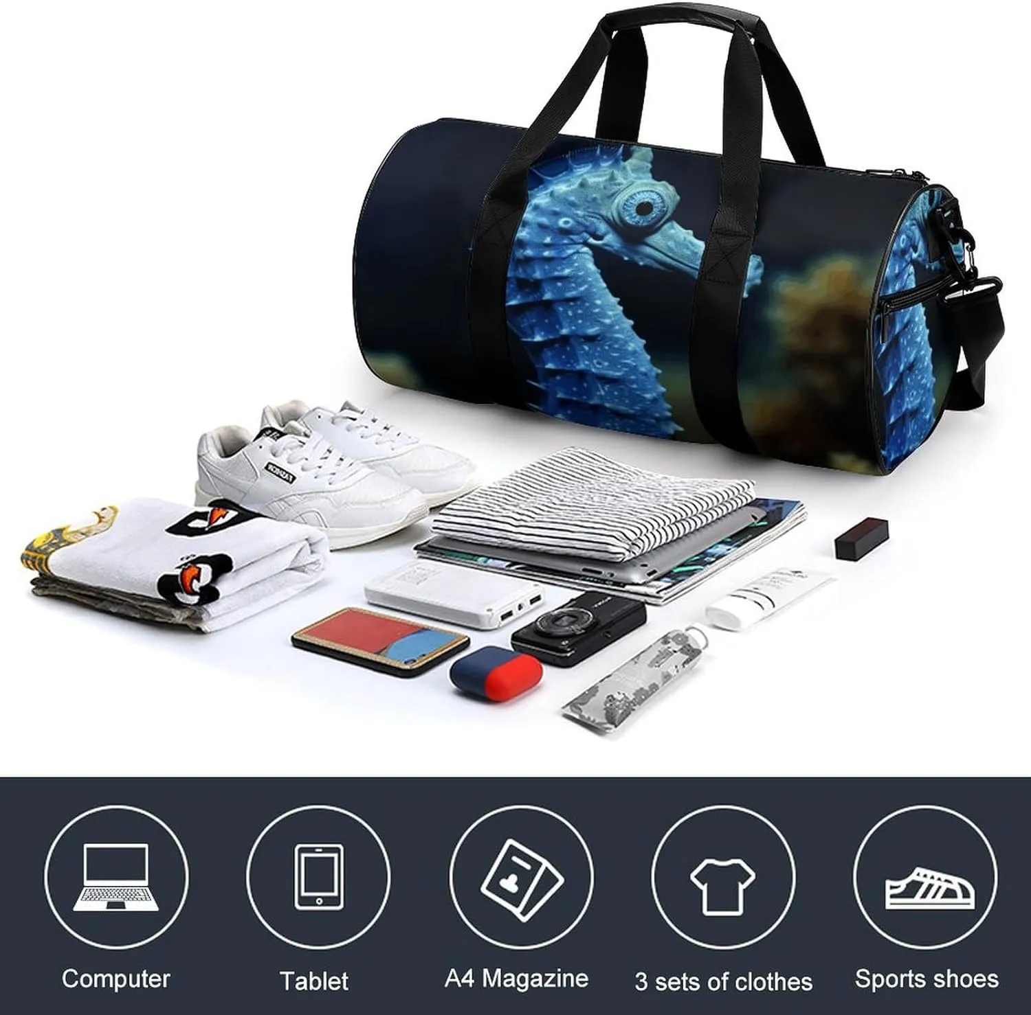 Travel Duffel Bag for Men And Women,Blue Seahorse Waterproof Sports Fitness Bag Portable Travel Duffel Bag