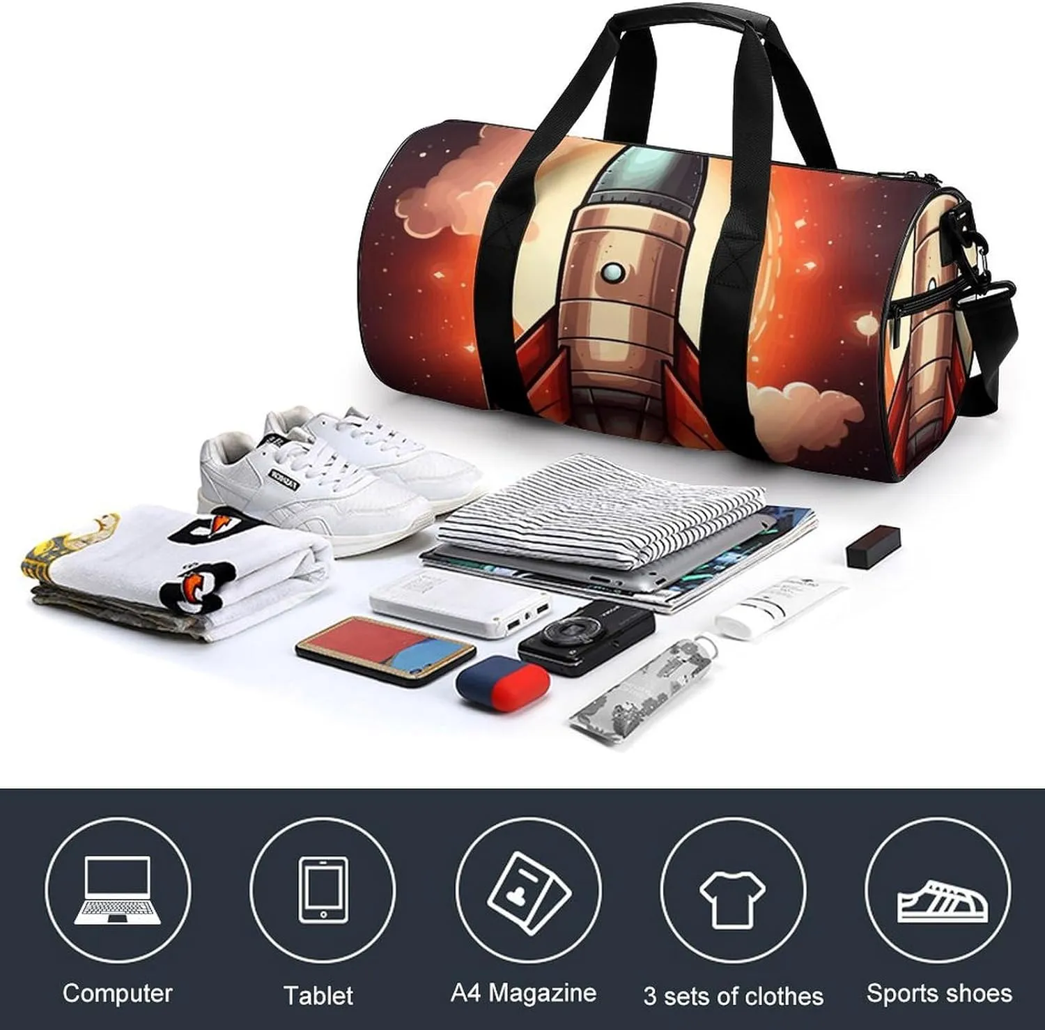 Travel Duffel Bag for Men And Women,Cartoon Rocket Waterproof Sports Fitness Bag Portable Travel Duffel Bag, 17.7in/9in/9in