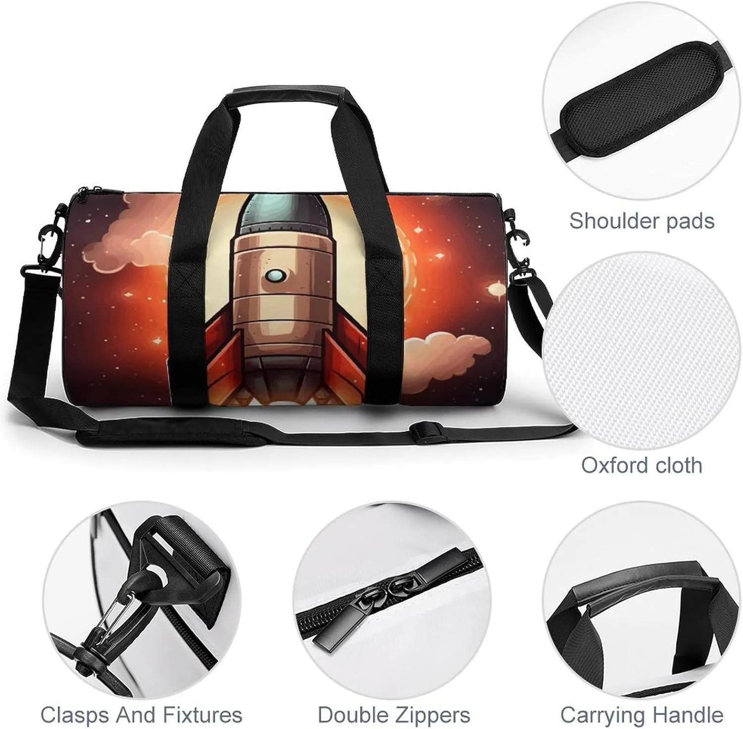 Travel Duffel Bag for Men And Women,Cartoon Rocket Waterproof Sports Fitness Bag Portable Travel Duffel Bag, 17.7in/9in/9in