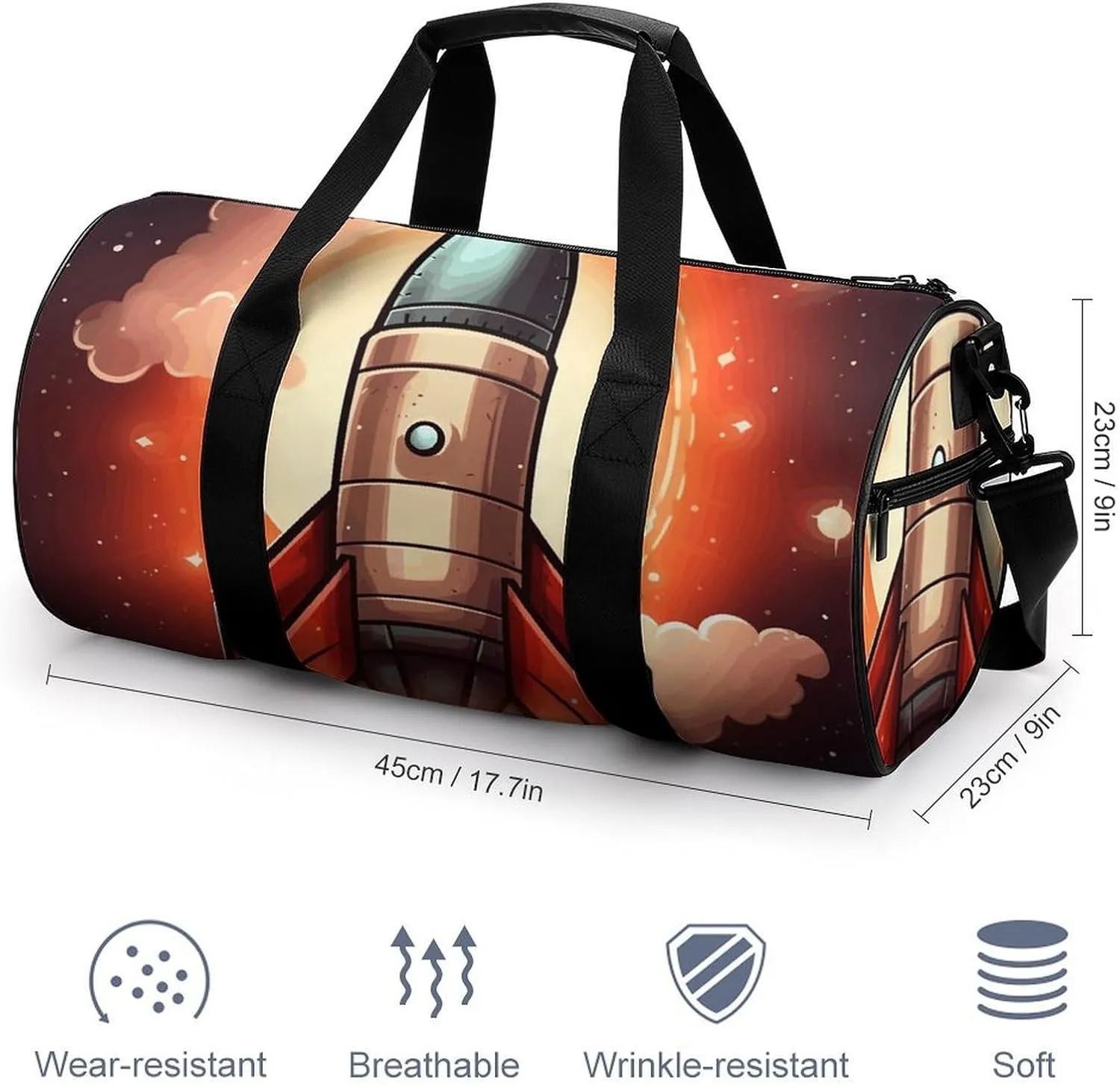 Travel Duffel Bag for Men And Women,Cartoon Rocket Waterproof Sports Fitness Bag Portable Travel Duffel Bag, 17.7in/9in/9in