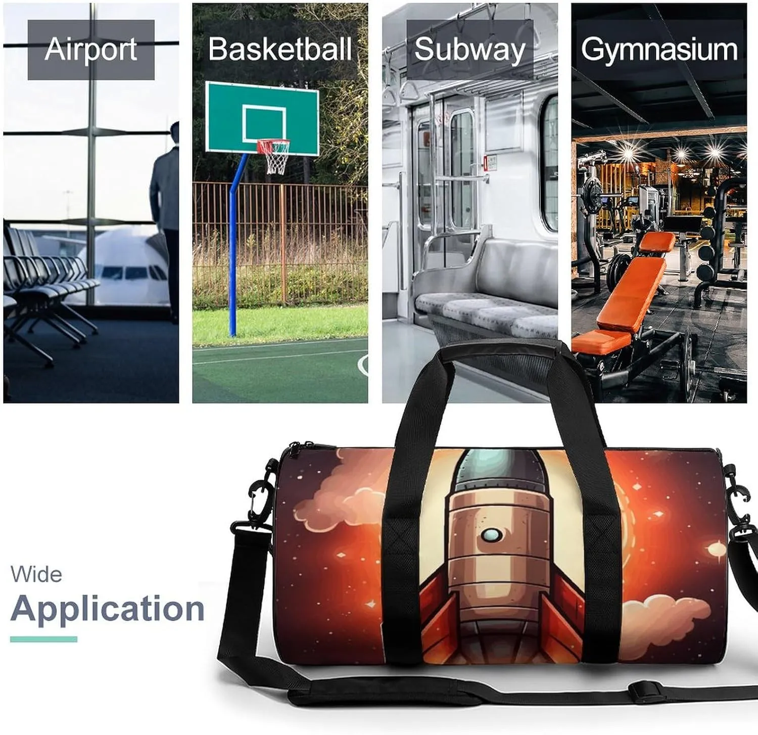 Travel Duffel Bag for Men And Women,Cartoon Rocket Waterproof Sports Fitness Bag Portable Travel Duffel Bag, 17.7in/9in/9in