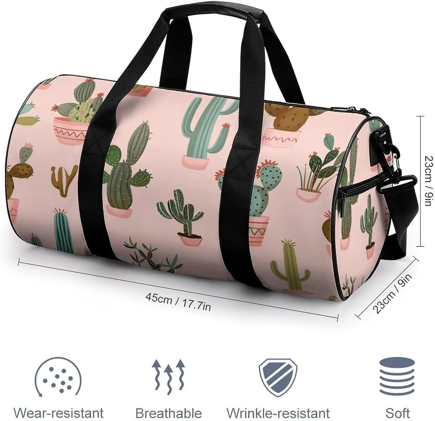 Travel Duffel Bag for Men And Women,Colorful Cactus Pattern Waterproof Sports Fitness Bag Portable Travel Duffel Bag, 17.7in/9in/9in