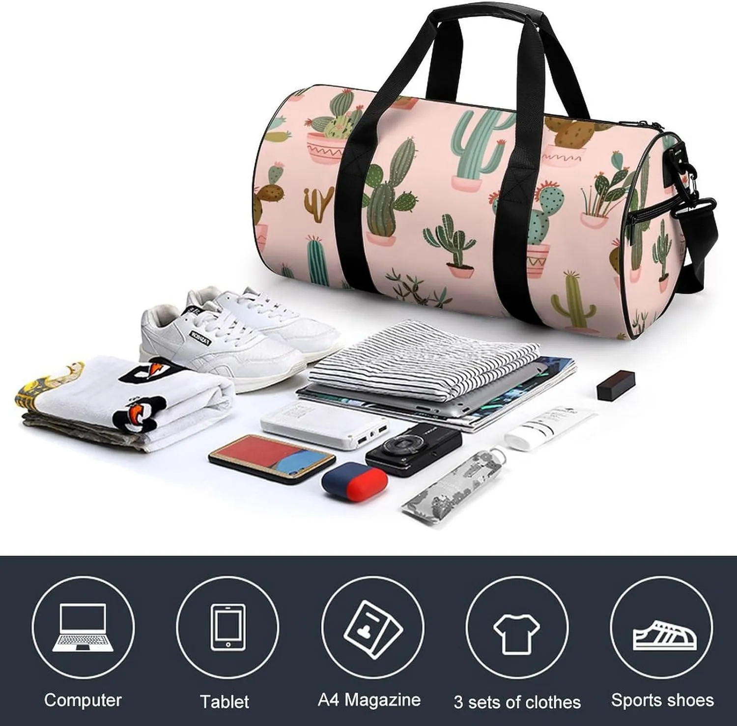 Travel Duffel Bag for Men And Women,Colorful Cactus Pattern Waterproof Sports Fitness Bag Portable Travel Duffel Bag, 17.7in/9in/9in