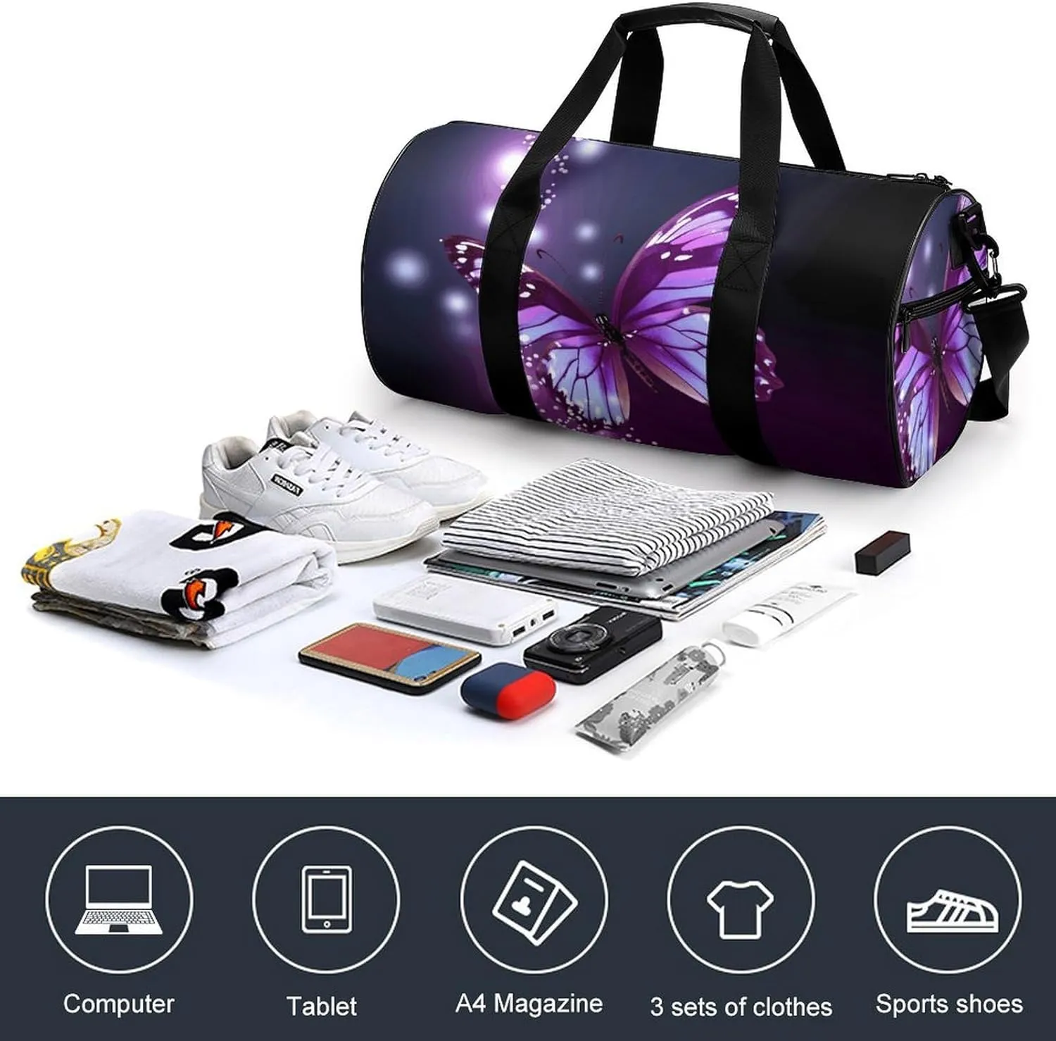 Travel Duffel Bag for Men And Women,Cute Purple Butterfly Waterproof Sports Fitness Bag Portable Travel Duffel Bag