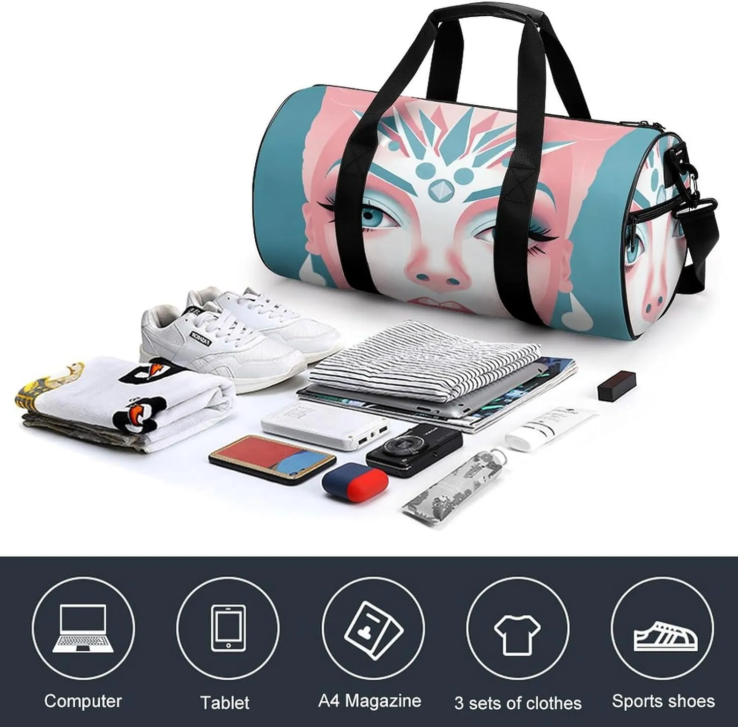 Travel Duffel Bag for Men And Women,Female Face Silhouette Waterproof Sports Fitness Bag Portable Travel Duffel Bag