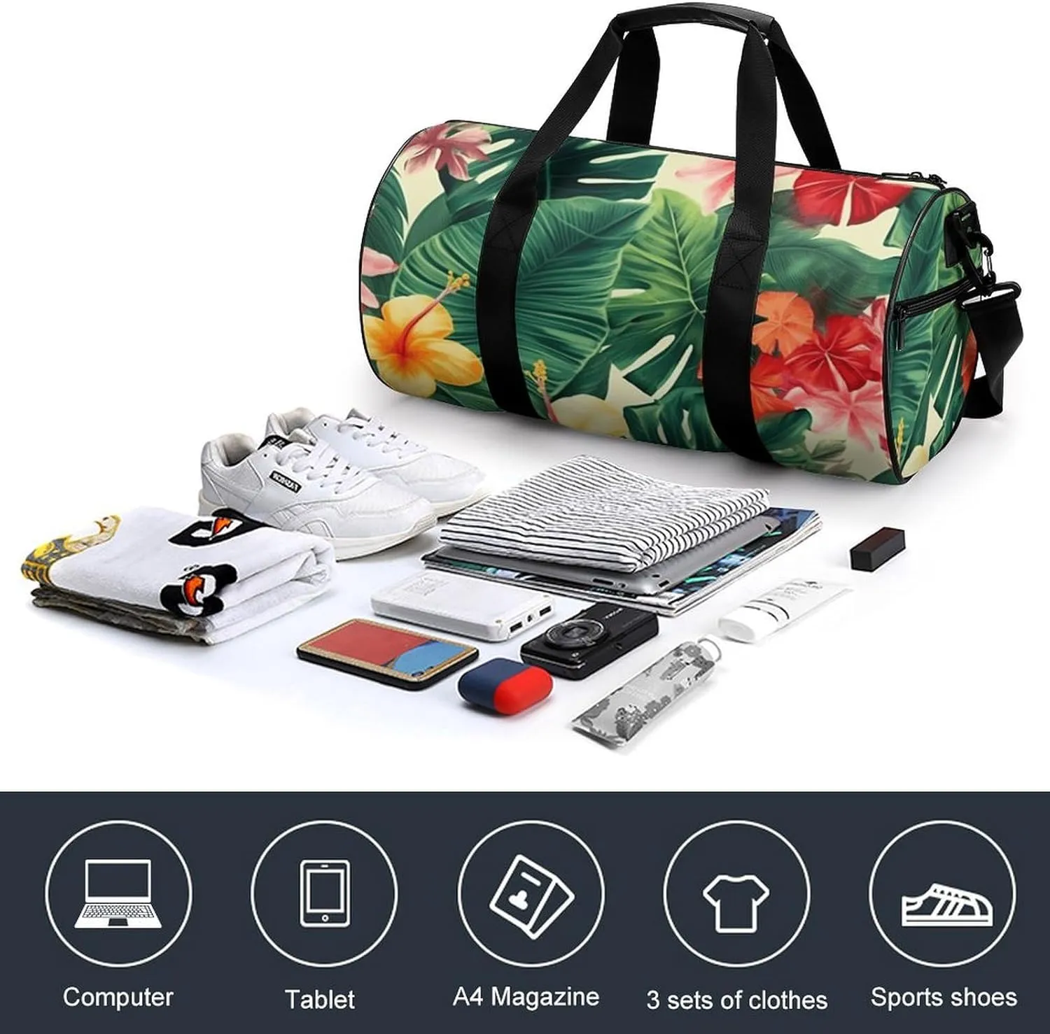 Travel Duffel Bag for Men And Women,Hojas Tropicales Y Flores Waterproof Sports Fitness Bag Portable Travel Duffel Bag