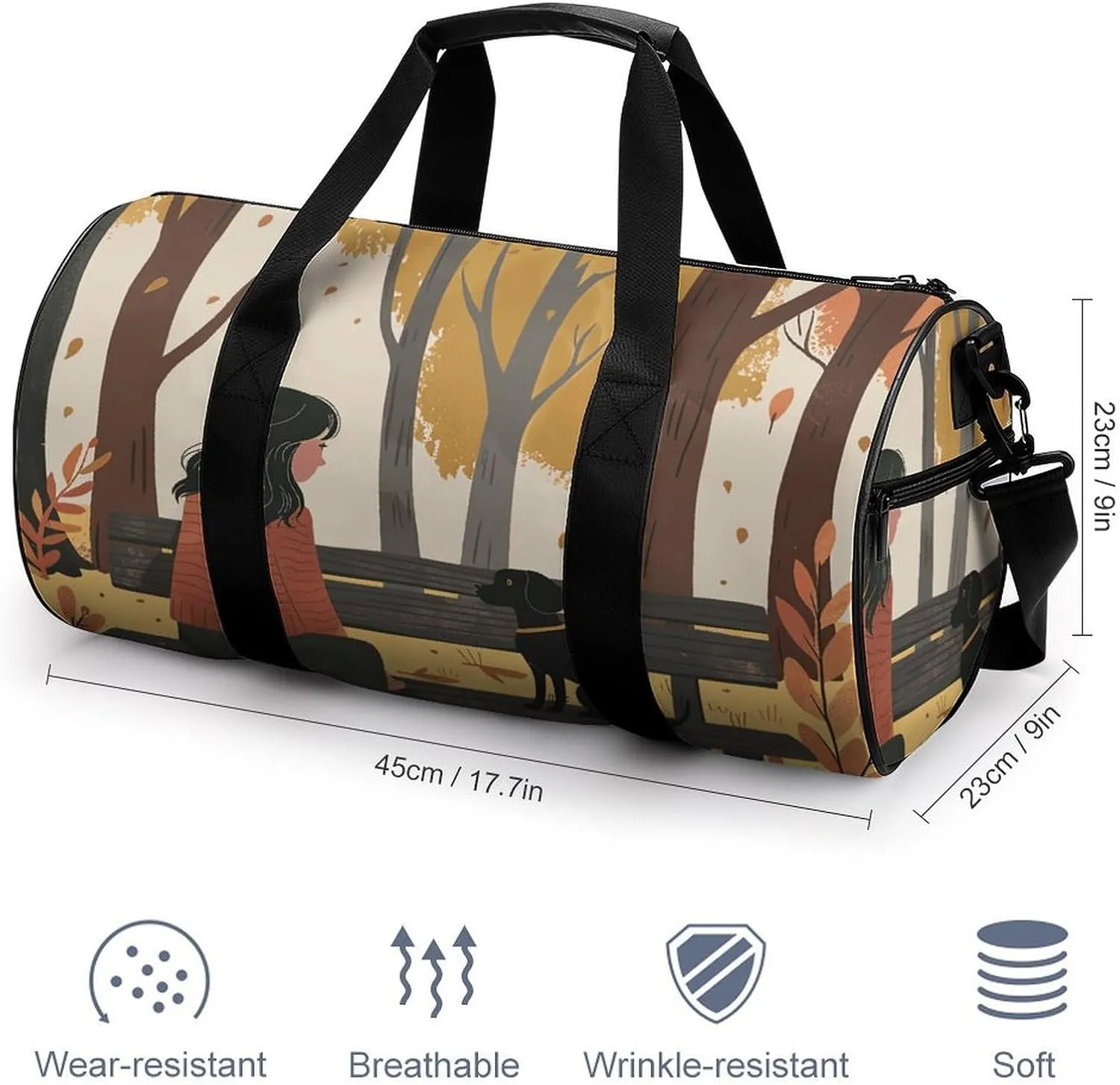 Travel Duffel Bag for Men And Women,On A Park Bench Waterproof Sports Fitness Bag Portable Travel Duffel Bag, 17.7in/9in/9in
