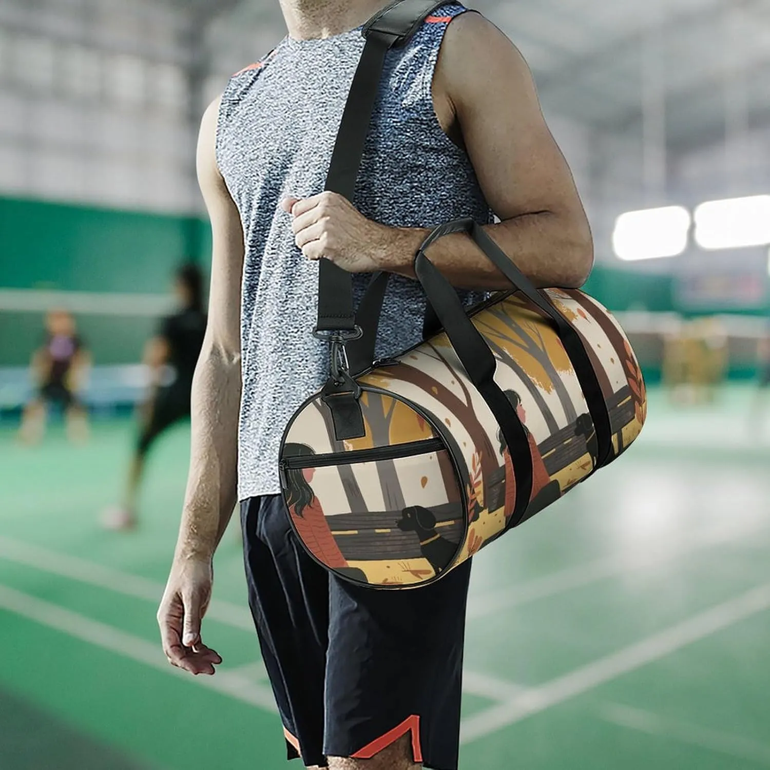 Travel Duffel Bag for Men And Women,On A Park Bench Waterproof Sports Fitness Bag Portable Travel Duffel Bag, 17.7in/9in/9in