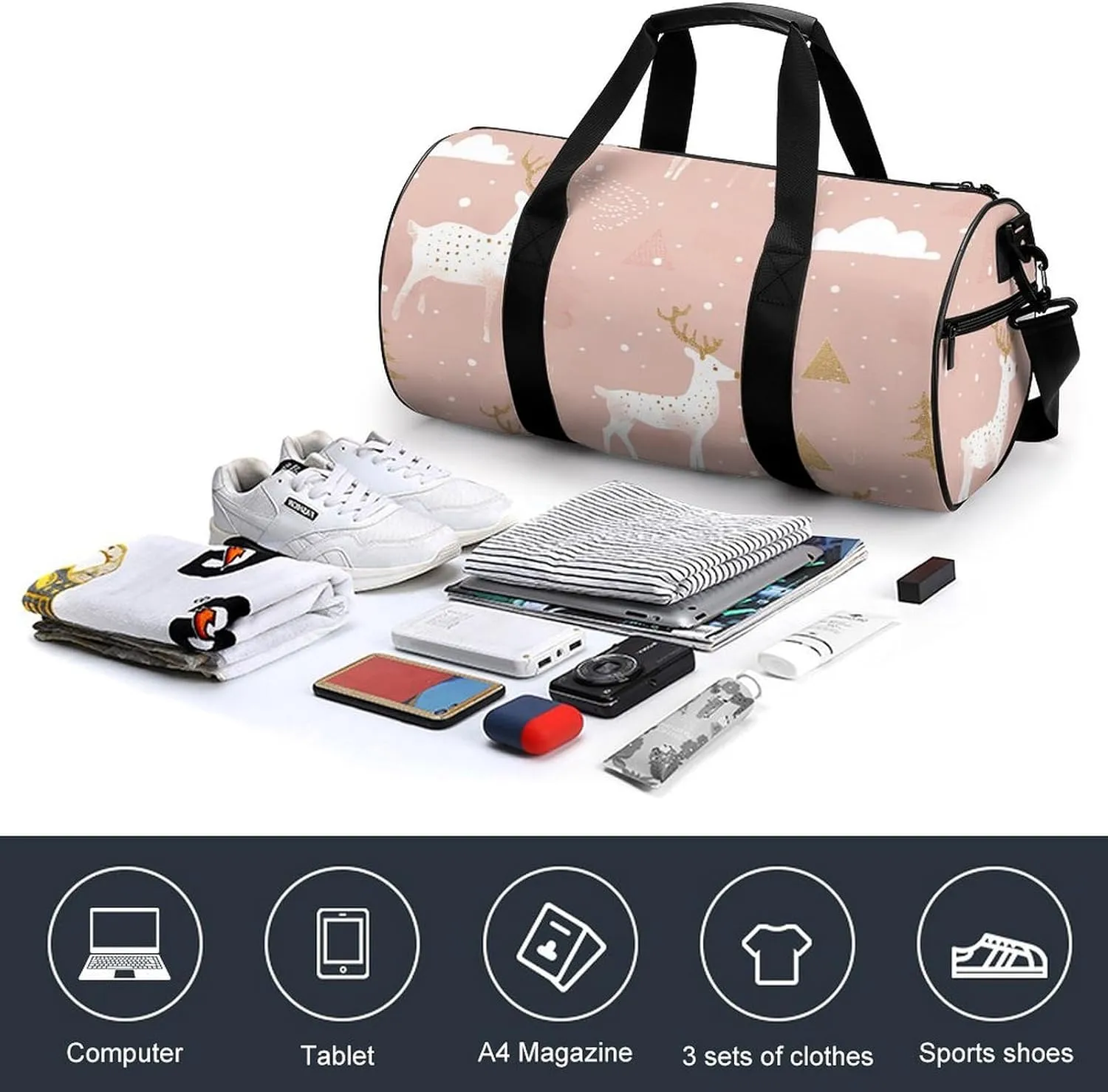 Travel Duffel Bag for Men And Women,Peach Reindeer Pattern Waterproof Sports Fitness Bag Portable Travel Duffel Bag