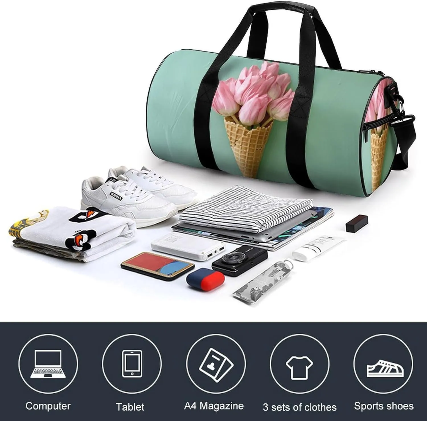 Travel Duffel Bag for Men And Women,Red Tulip Petals Waterproof Sports Fitness Bag Portable Travel Duffel Bag, 17.7in/9in/9in