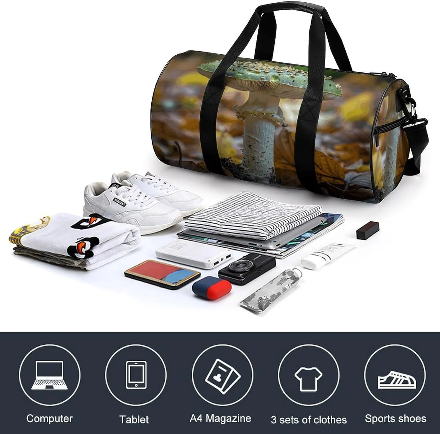 Travel Duffel Bag for Men And Women,White Striped Mushrooms Waterproof Sports Fitness Bag Portable Travel Duffel Bag