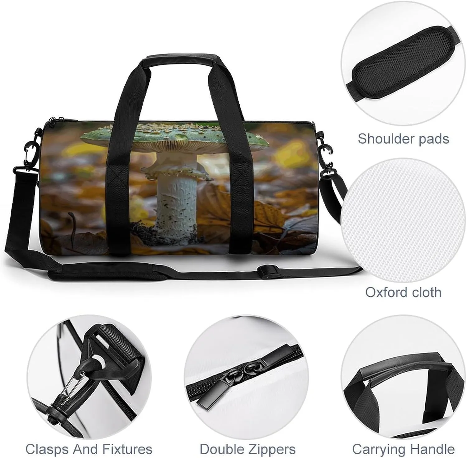 Travel Duffel Bag for Men And Women,White Striped Mushrooms Waterproof Sports Fitness Bag Portable Travel Duffel Bag