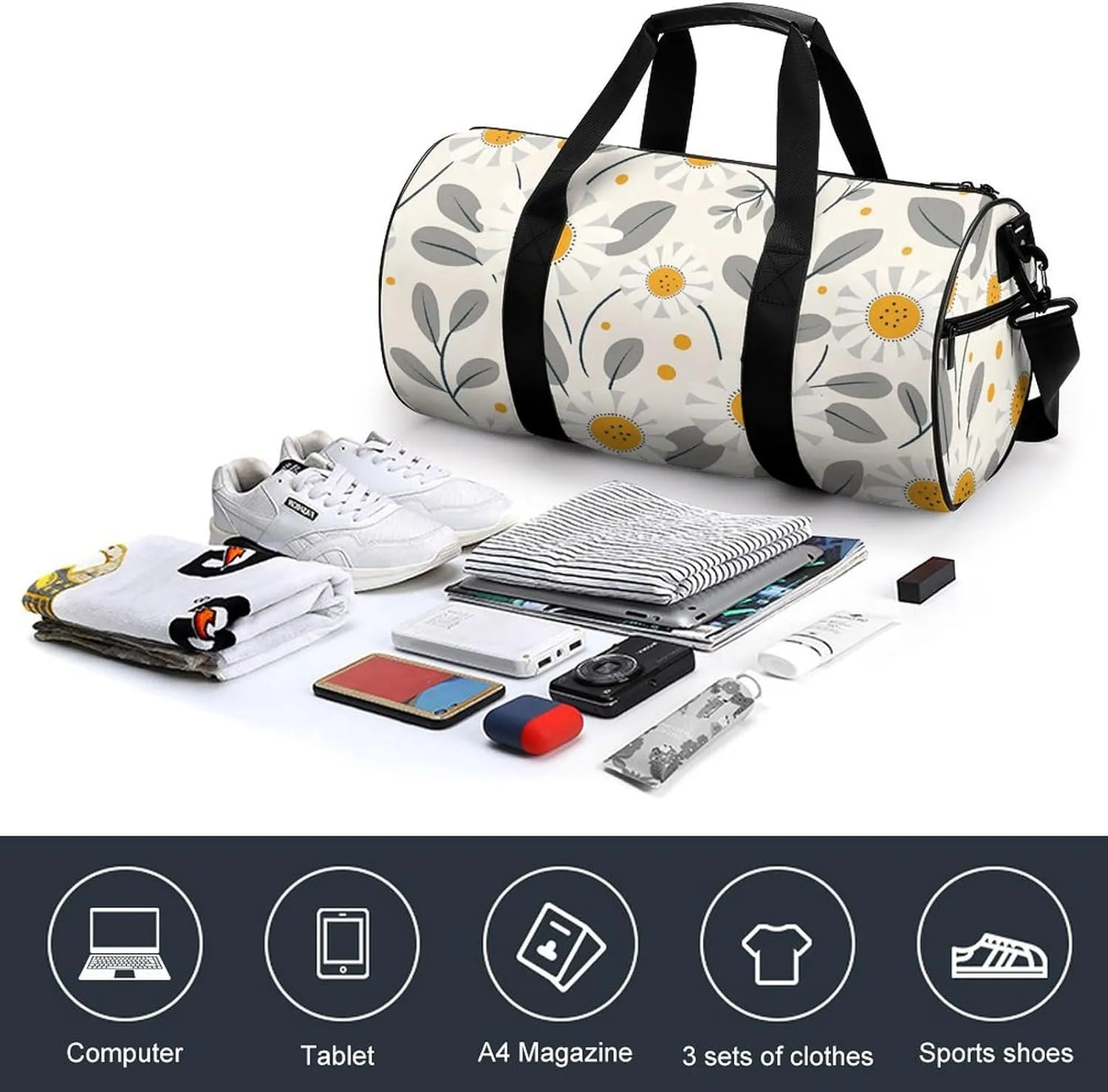 Travel Duffel Bag for Men And Women,With Gray Leaves Waterproof Sports Fitness Bag Portable Travel Duffel Bag