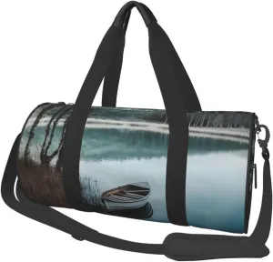 Travel Duffle Bag Lightweight Sports Gym Bag for Men Women Foldable Carry on Weekender Overnight Bag Boat in Lake Landscape Canvas Sport Duffel Bag for Yoga Business Trip