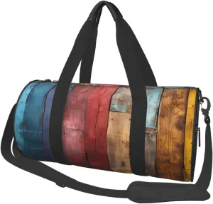 Travel Duffle Bag Lightweight Sports Gym Bag for Men Women Foldable Carry On Weekender Overnight Bag Colorful Wooden Board Canvas Sport Duffel Bag for Yoga Business Trip, Black, One Size