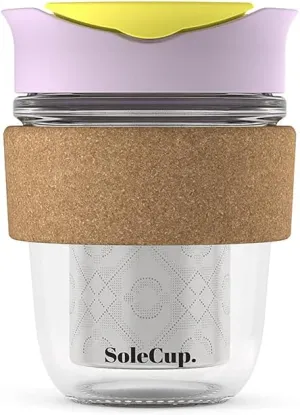 Travel Mug Loose Tea Infuser - Detachable Tea Strainer with Spillproof Lid - BPA-Free Reusable Glass Travel Coffee Cup with Cork Band (Ice Cream)