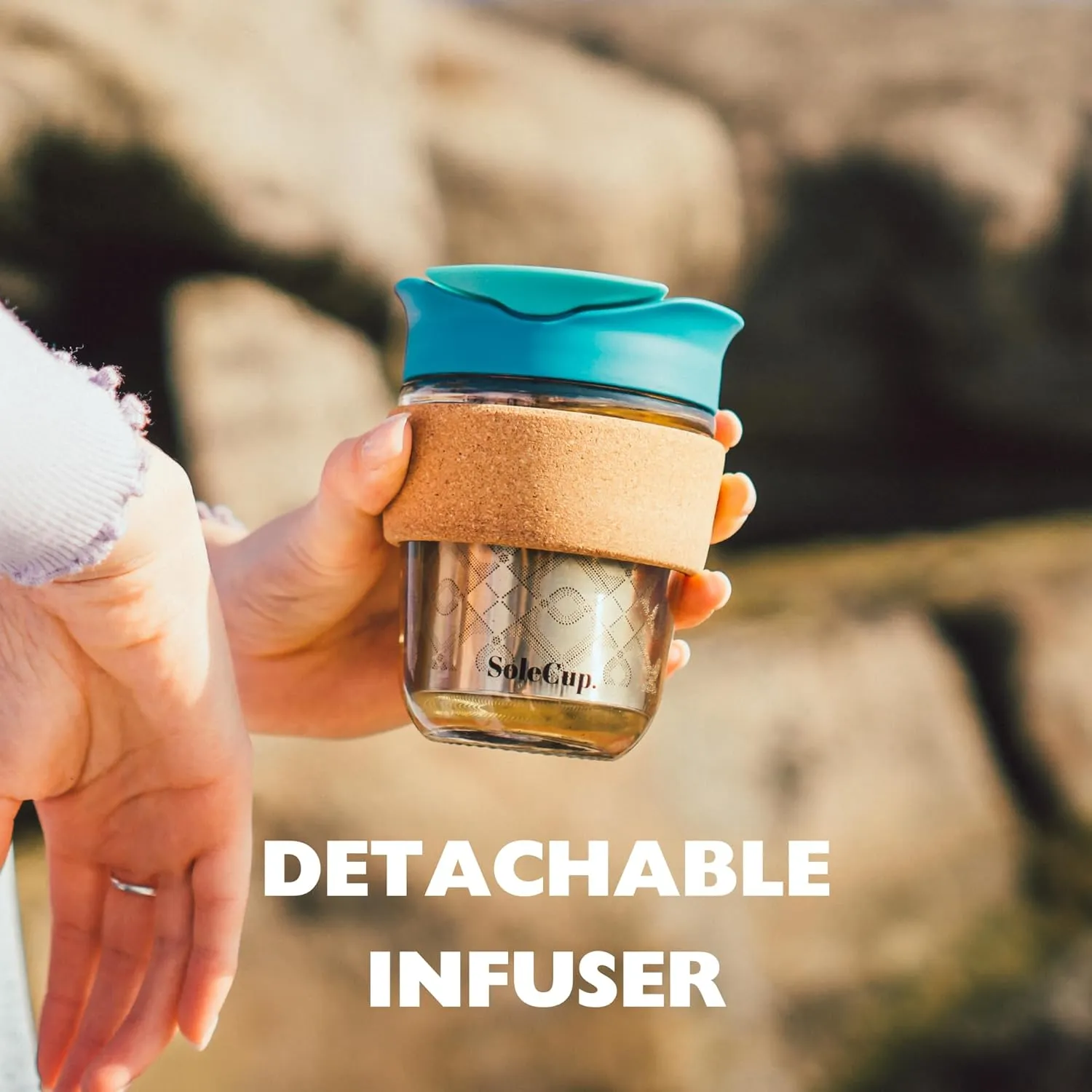 Travel Mug Loose Tea Infuser - Detachable Tea Strainer with Spillproof Lid - BPA-Free Reusable Glass Travel Coffee Cup with Cork Band (Ice Cream)