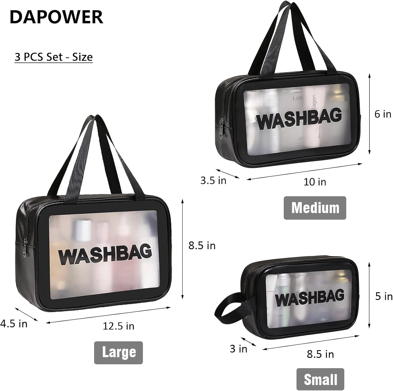 Travel Toiletry Bag for Women and Men, Matte Translucent Shower Bag with Handy Handle, Makeup Cosmetic Organizer Bag for Travel Toiletries Accessories (Black)