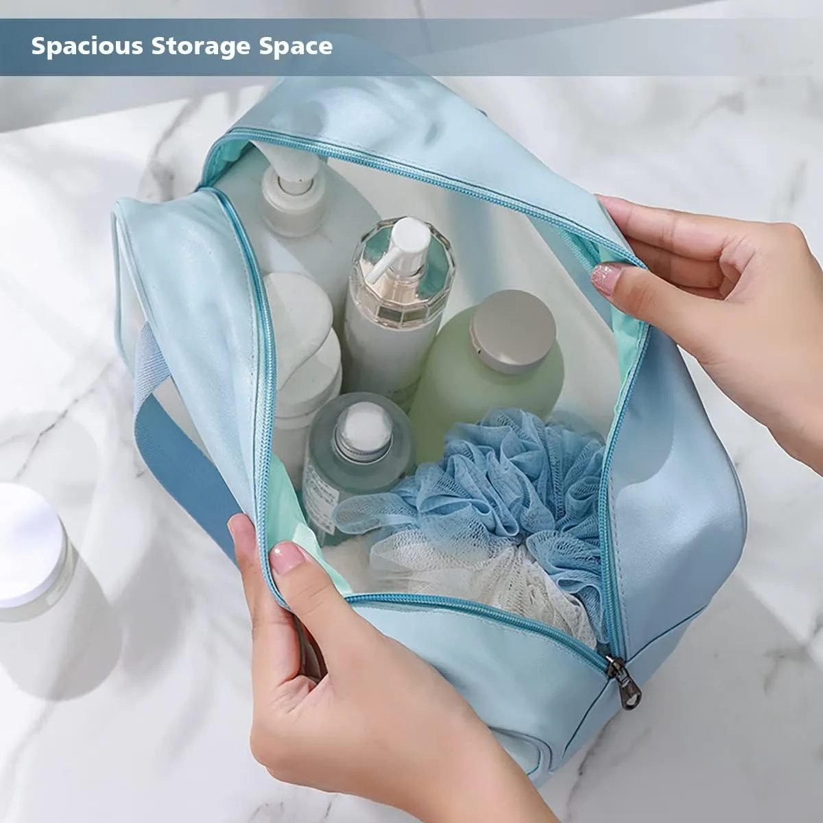 Travel Toiletry Bag for Women and Men, Matte Translucent Shower Bag with Handy Handle, Makeup Cosmetic Organizer Bag for Travel Toiletries Accessories (Blue)