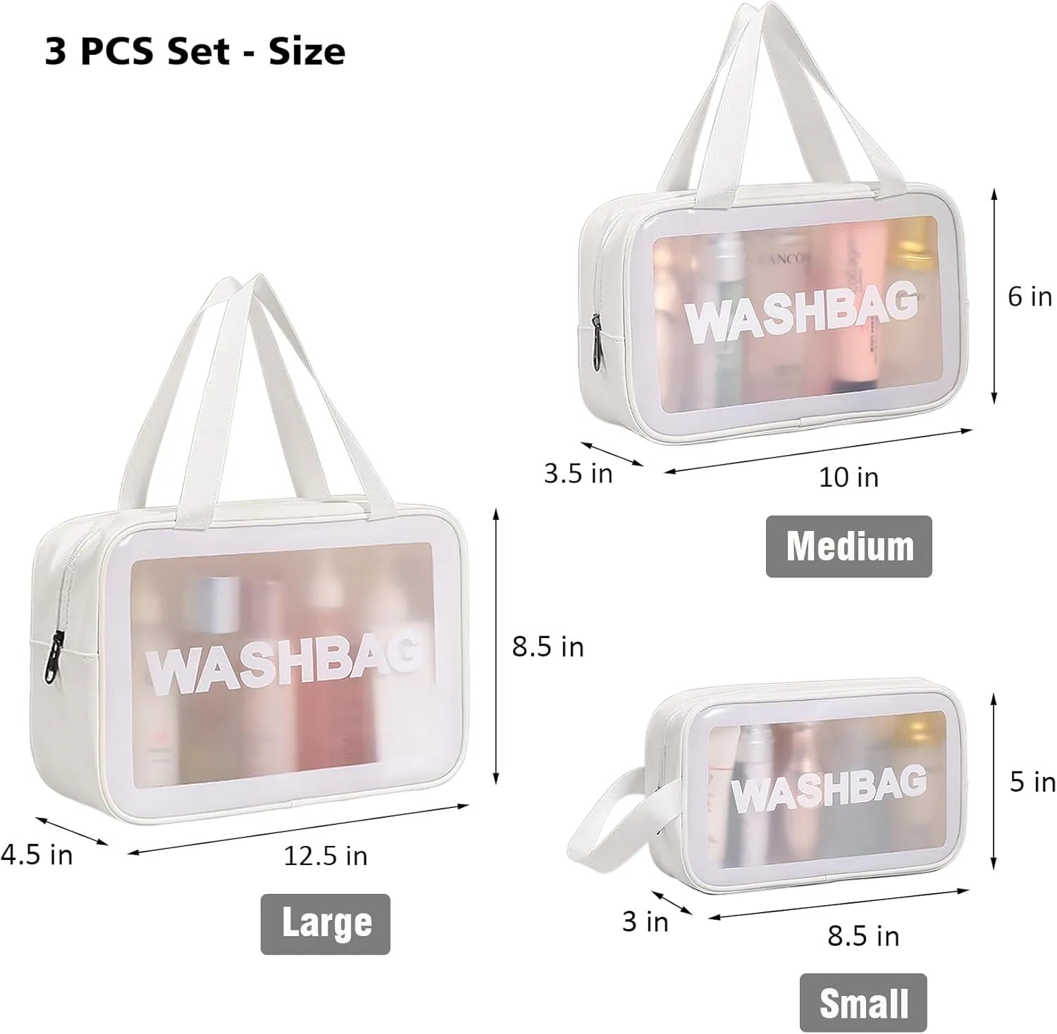 Travel Toiletry Bag for Women and Men, Matte Translucent Shower Bag with Handy Handle, Makeup Cosmetic Organizer Bag for Travel Toiletries Accessories (White)